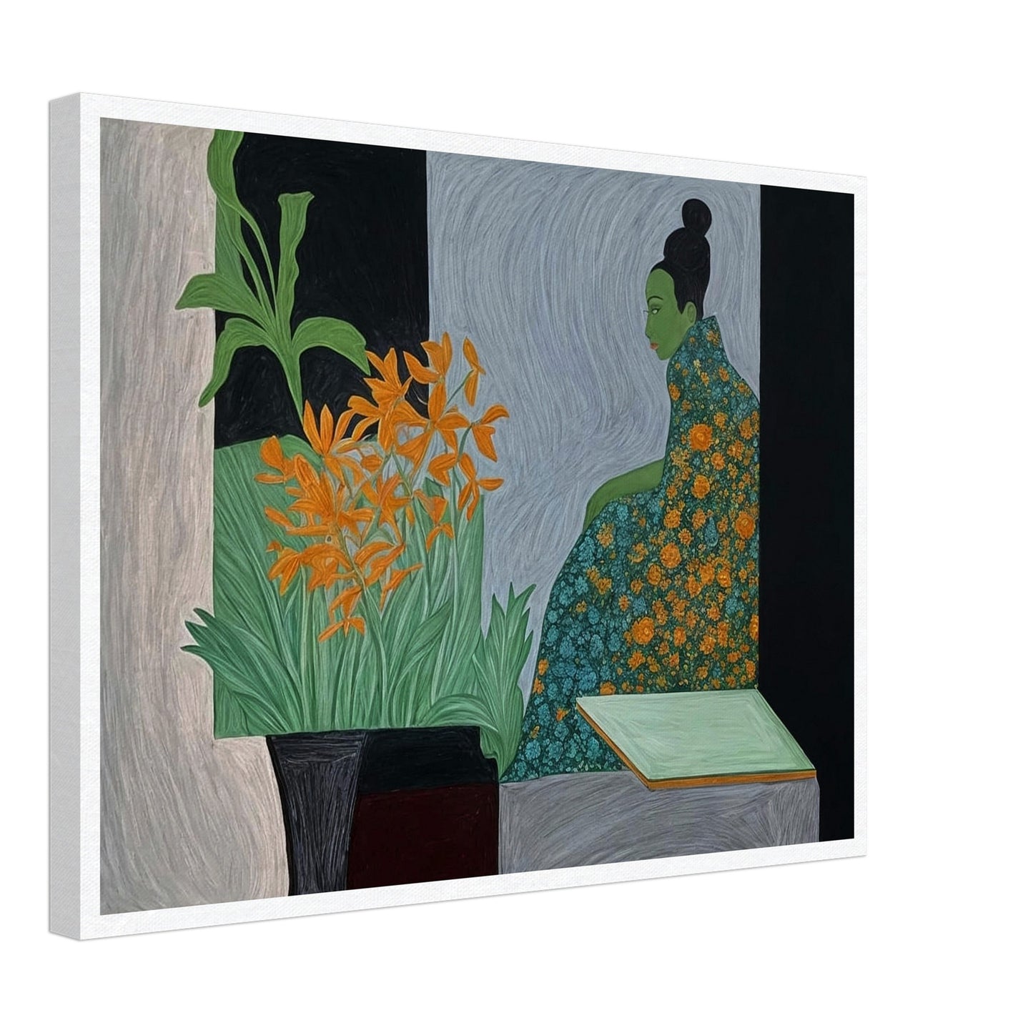 A painting of a woman with a green face in a floral dress, sitting in contemplation next to vibrant orange flowers.