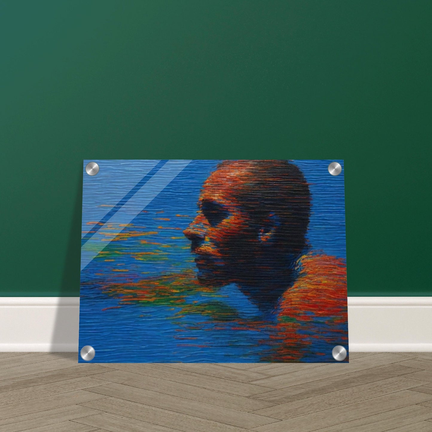 A striking painting of a person swimming in water, with vibrant reflections of colors on the surface, creating a sense of movement and depth.
