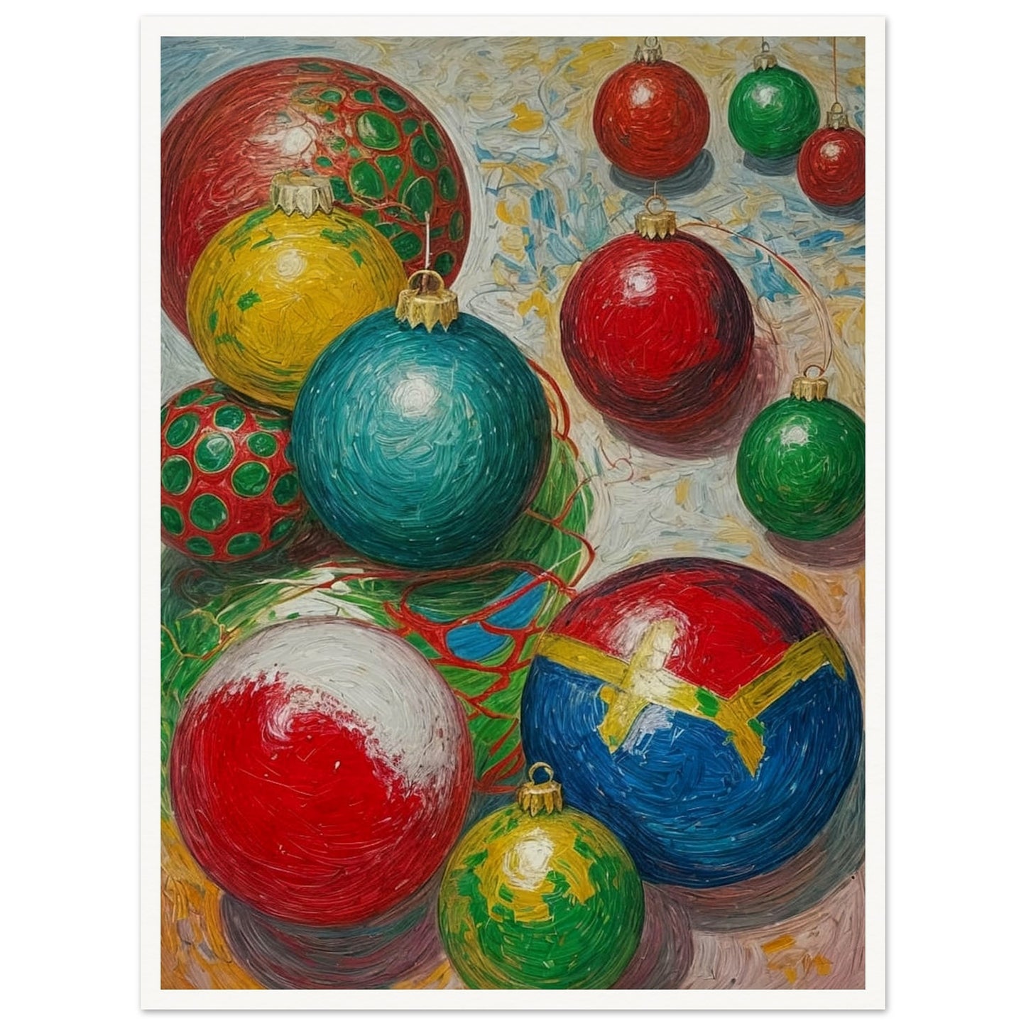 A collection of colorful Christmas ornaments in red, green, blue, and yellow, arranged in a playful and vibrant composition, evoking holiday cheer.