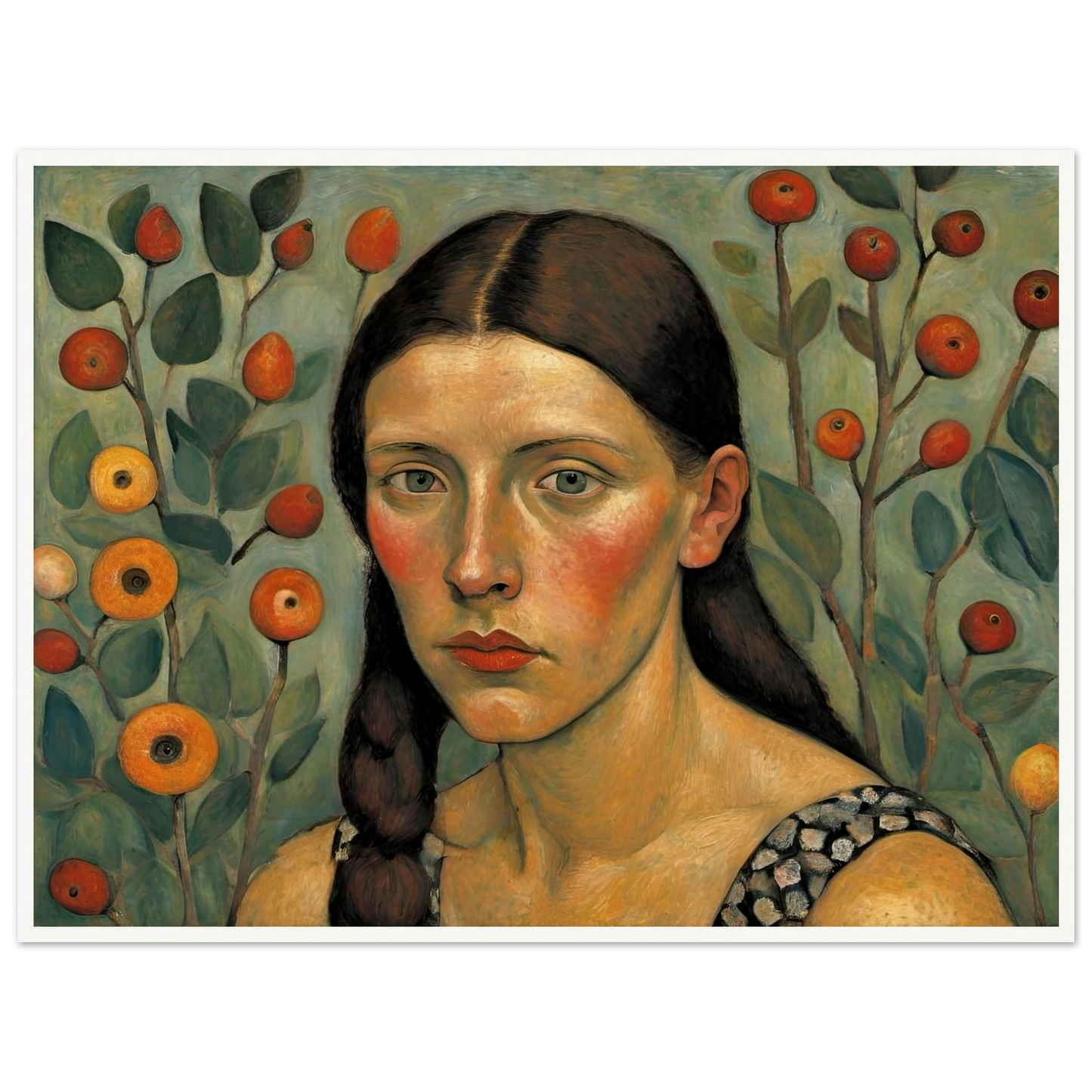 A young woman with braided dark hair stares forward, framed by round orange fruit and green foliage against a soft background.