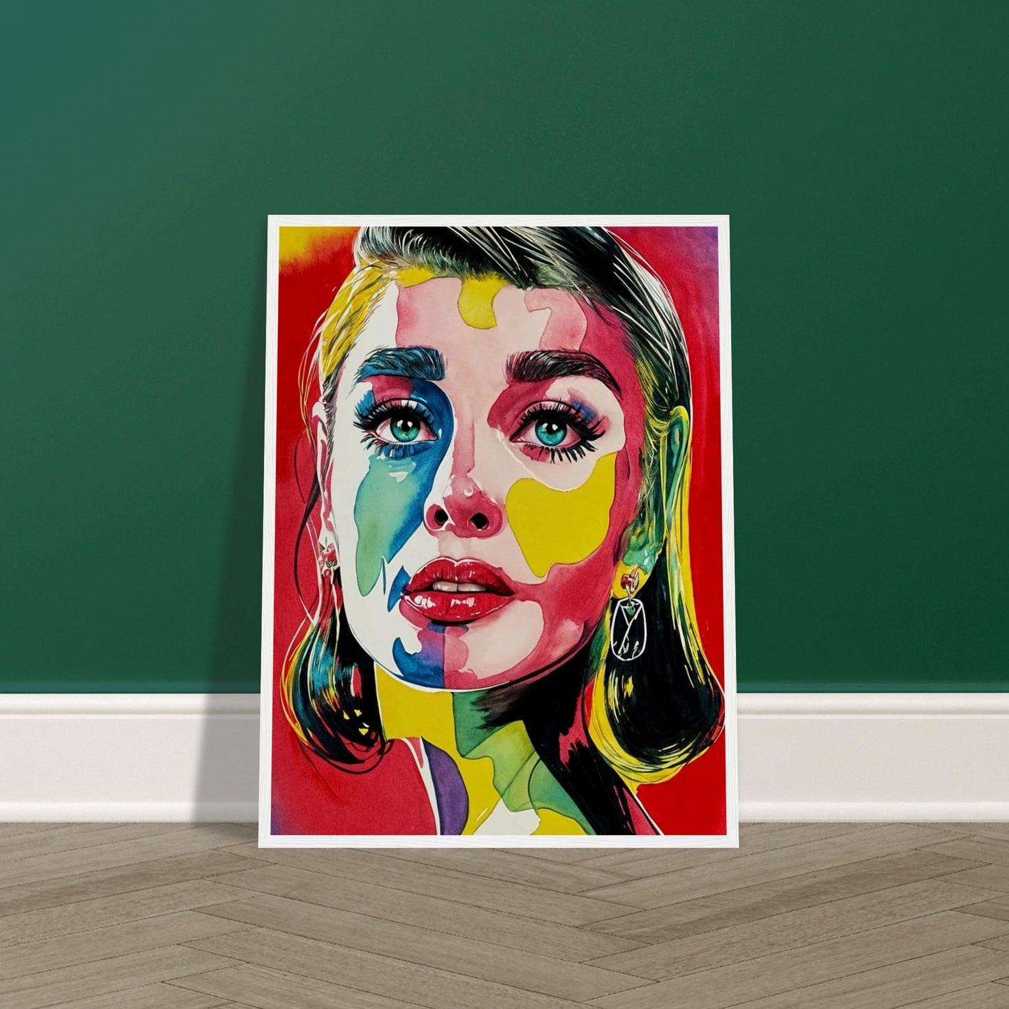 A striking portrait of a woman with vivid colors painted across her face, featuring bold reds, blues, yellows, and greens, with intense, captivating eyes.