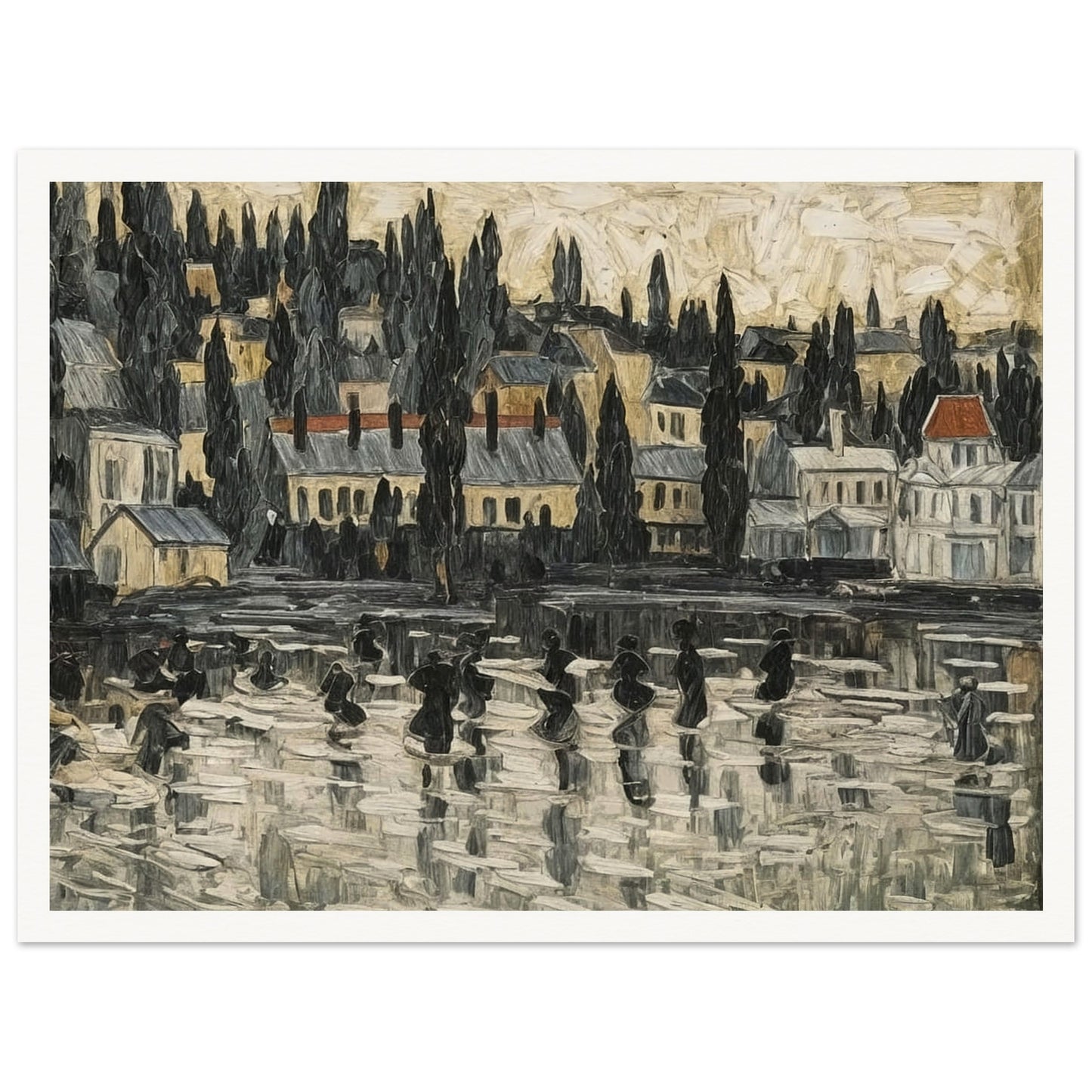 A textured painting of a serene townscape reflected on a misty lake, with tall trees and buildings set against a soft, muted sky.