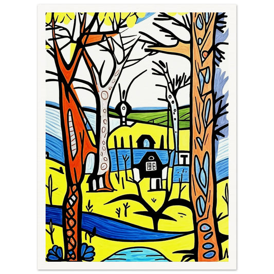 A vibrant, whimsical landscape featuring tall, colorful trees and a small cottage nestled in bright green hills, with flowing blue rivers, creating a playful and lively scene.