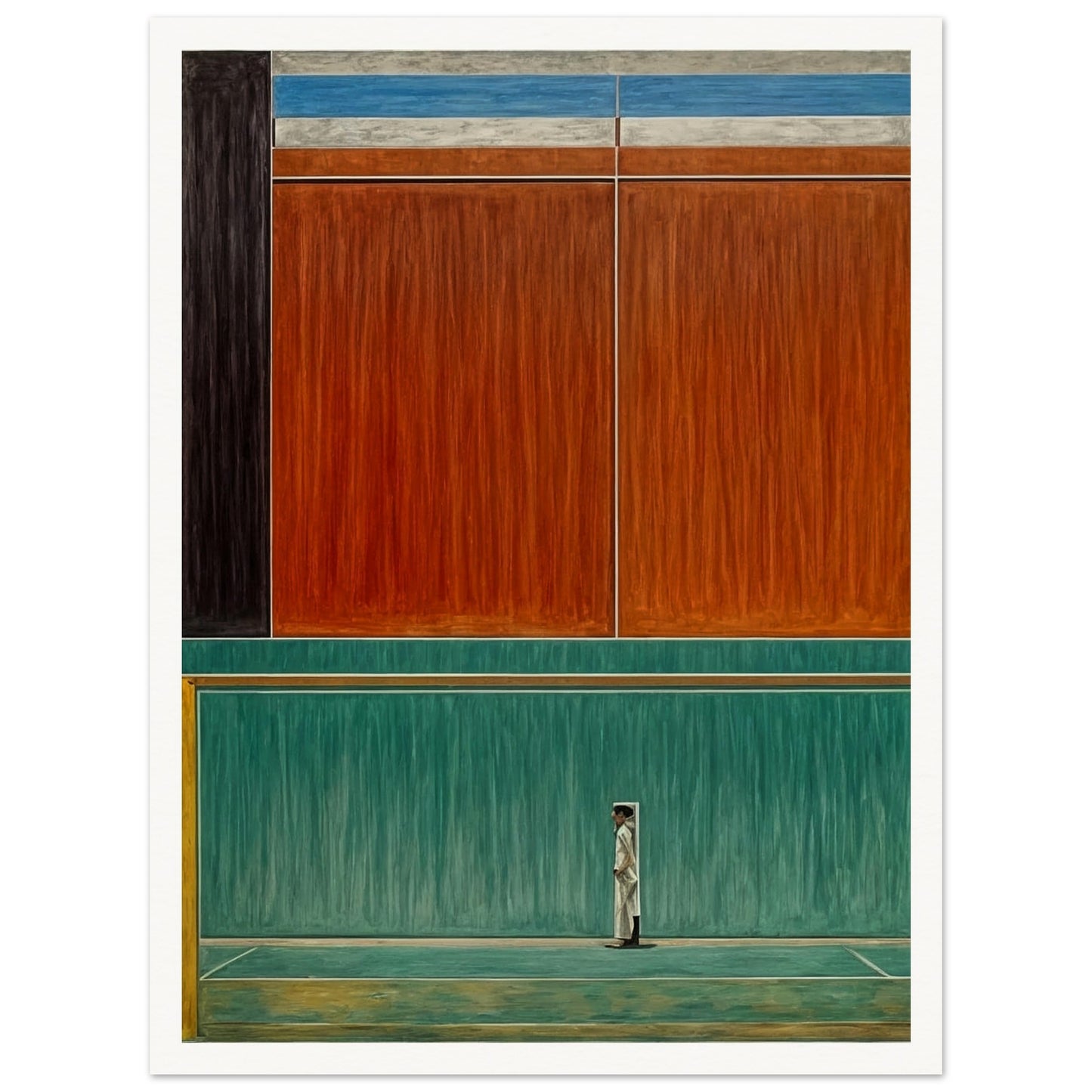 A minimalist painting depicting a solitary figure standing in front of large abstract color blocks.