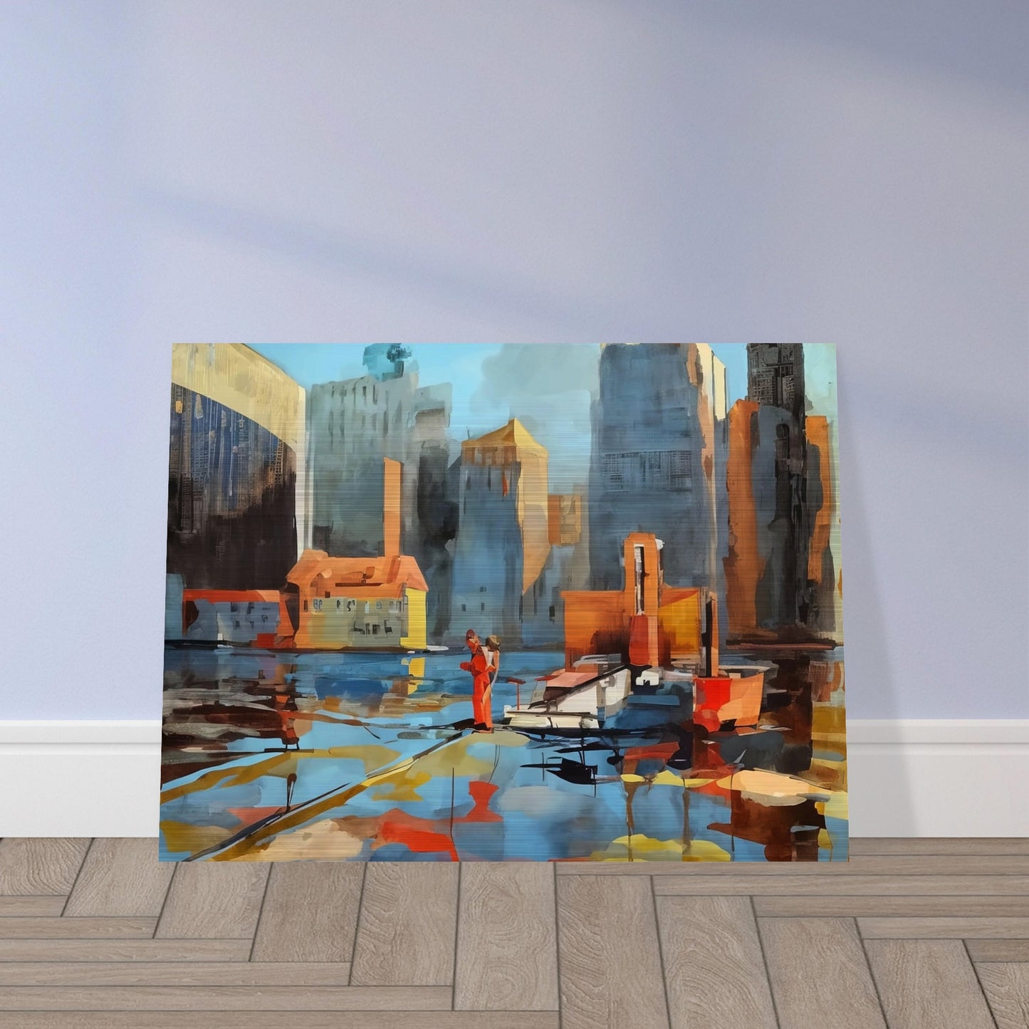 A colorful cityscape featuring tall buildings and a waterfront, with reflections dancing on the water. A person dressed in red stands out amidst the urban environment, creating a dynamic contrast.