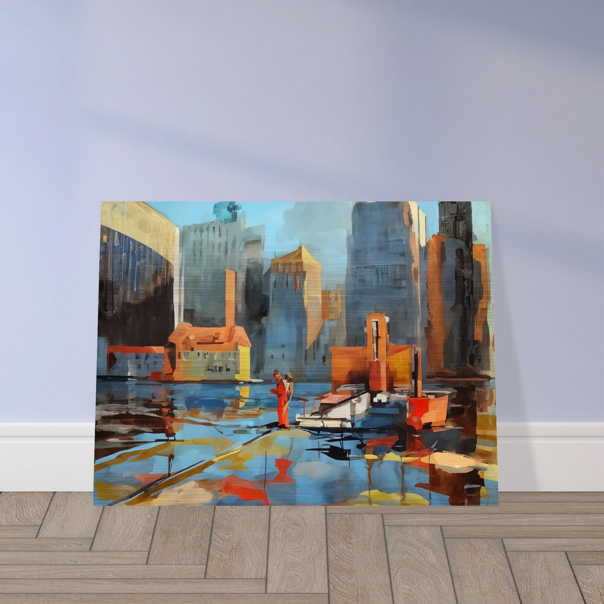 A colorful cityscape featuring tall buildings and a waterfront, with reflections dancing on the water. A person dressed in red stands out amidst the urban environment, creating a dynamic contrast.