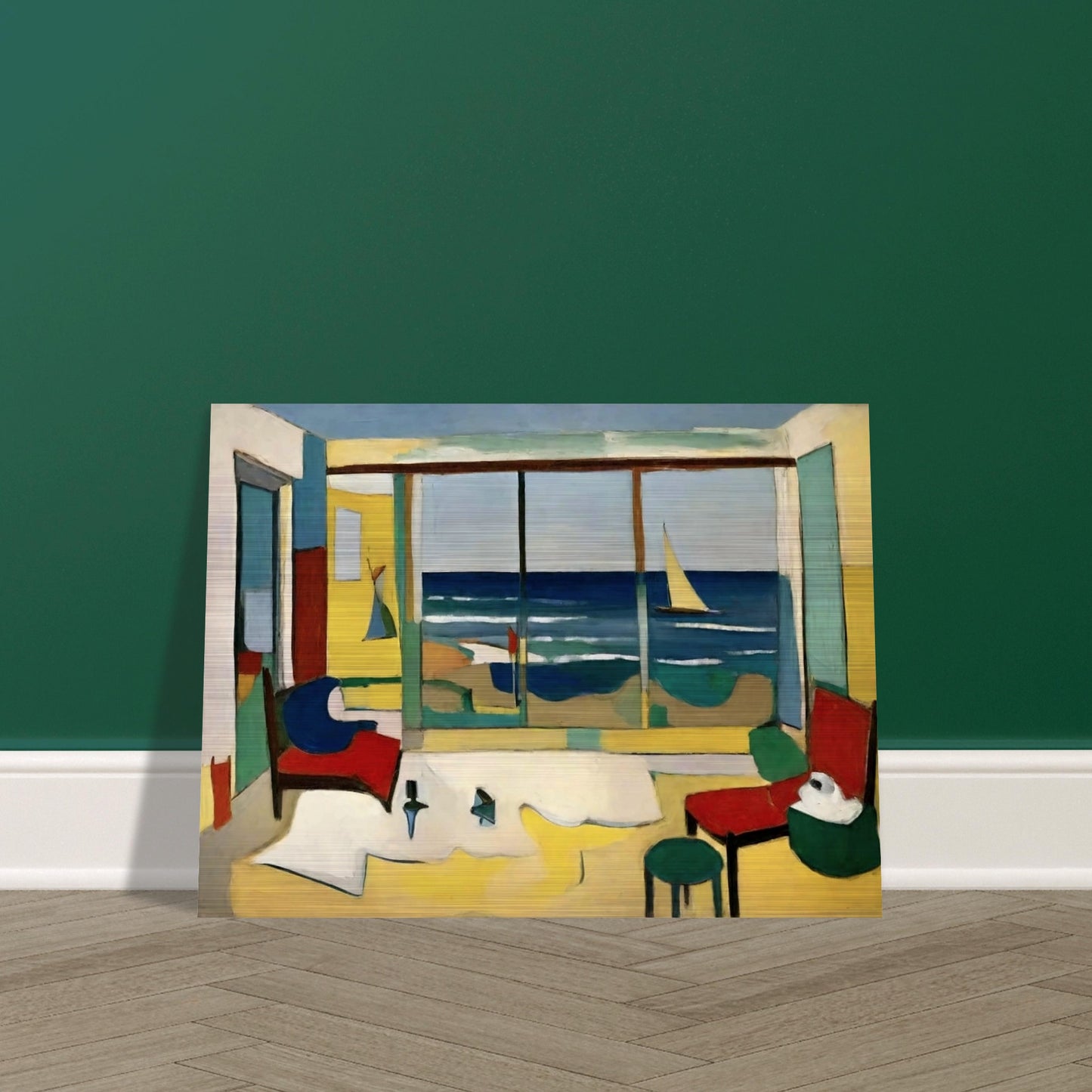 A vibrant painting of an interior room with a large window showcasing a view of the ocean, a sailboat on the water, and colorful furniture.