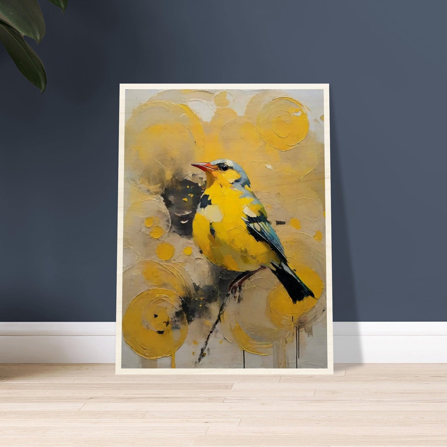 A vibrant painting of a yellow bird with blue accents, perched against a backdrop of swirling yellow patterns.