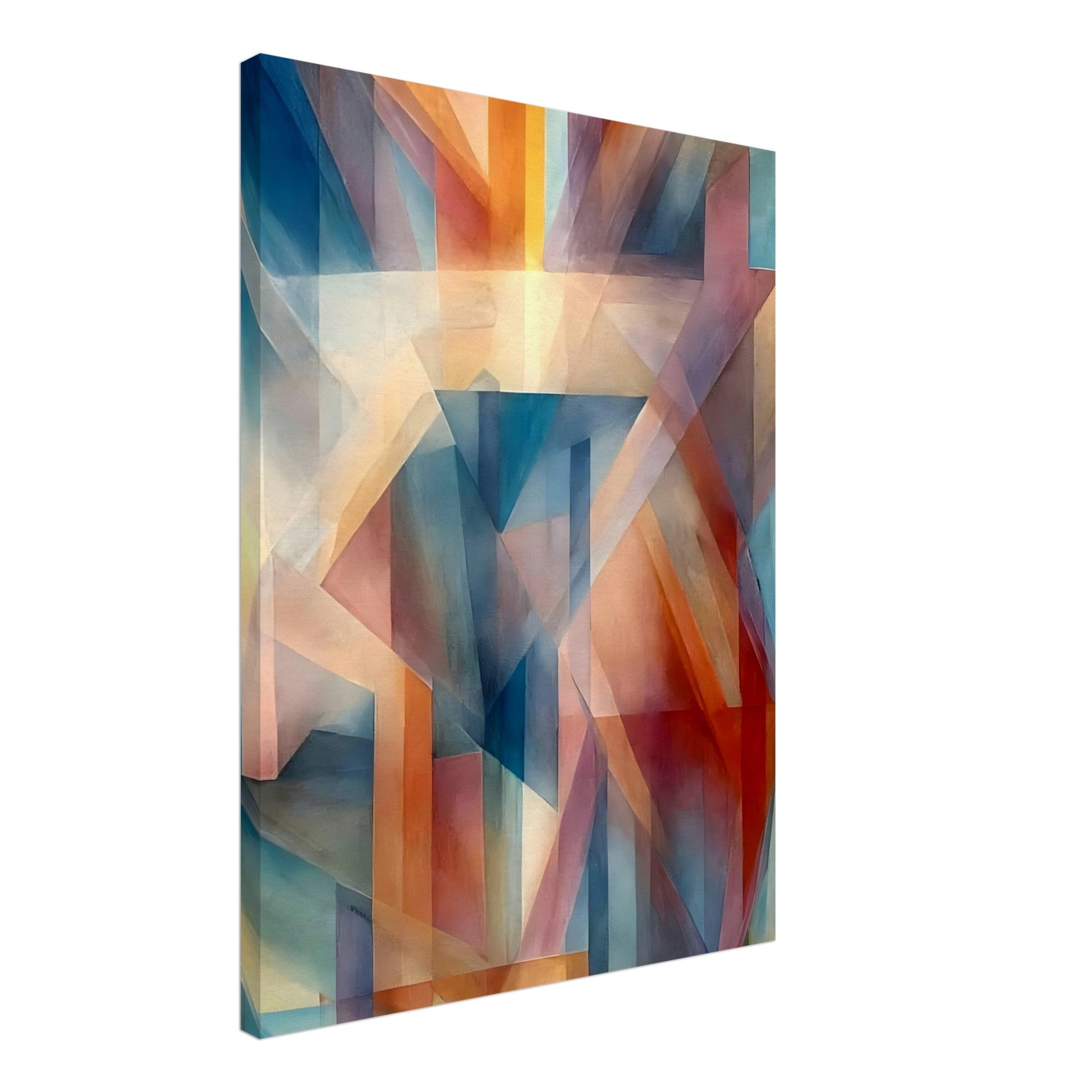An abstract geometric artwork with interlocking shapes in warm oranges, reds, and cool blues, blending together to create a sense of depth and shifting light.