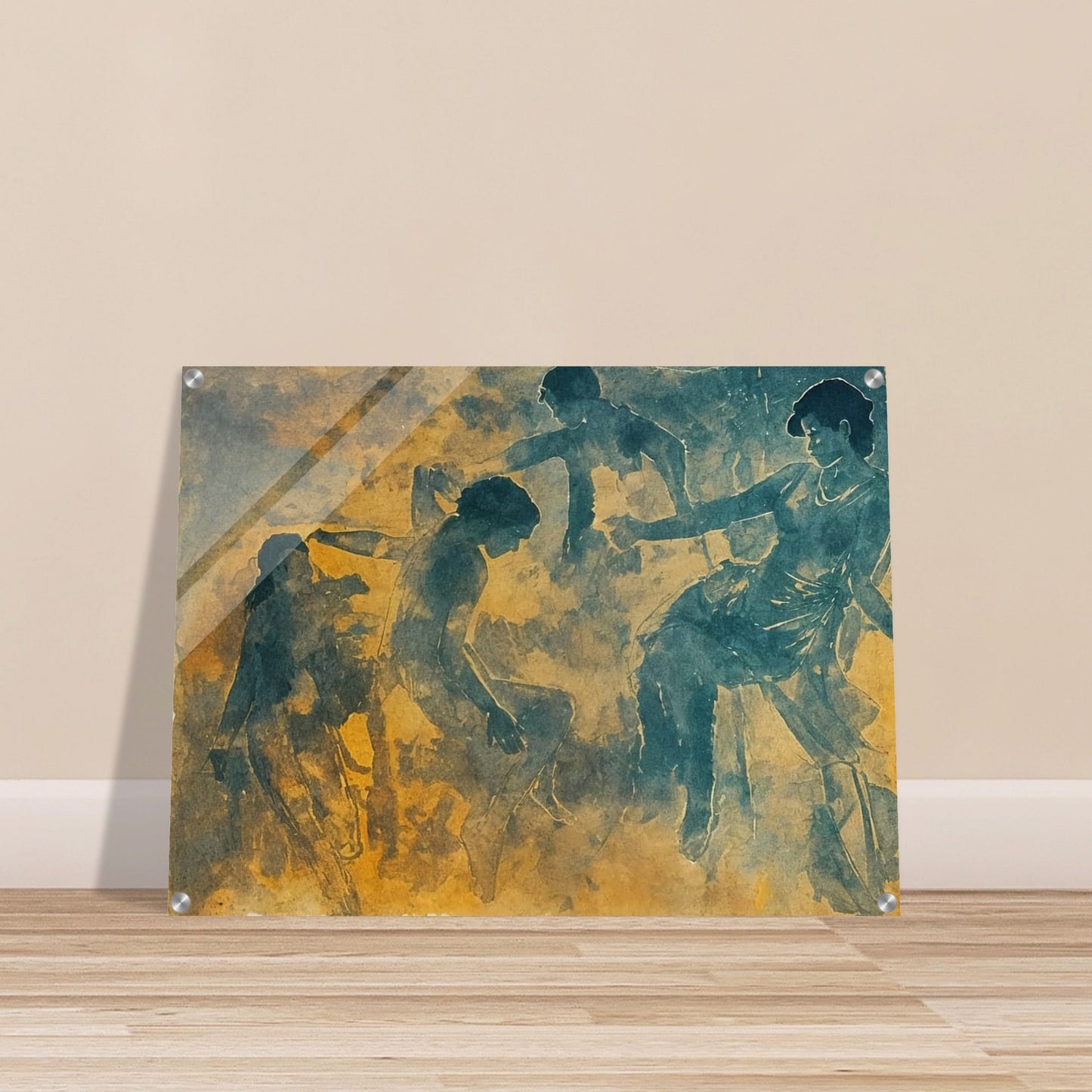 A serene artwork featuring ethereal figures in motion, rendered in soft hues of blue and gold. The dancers appear to be gracefully interacting with one another, evoking a sense of harmony and fluidity.