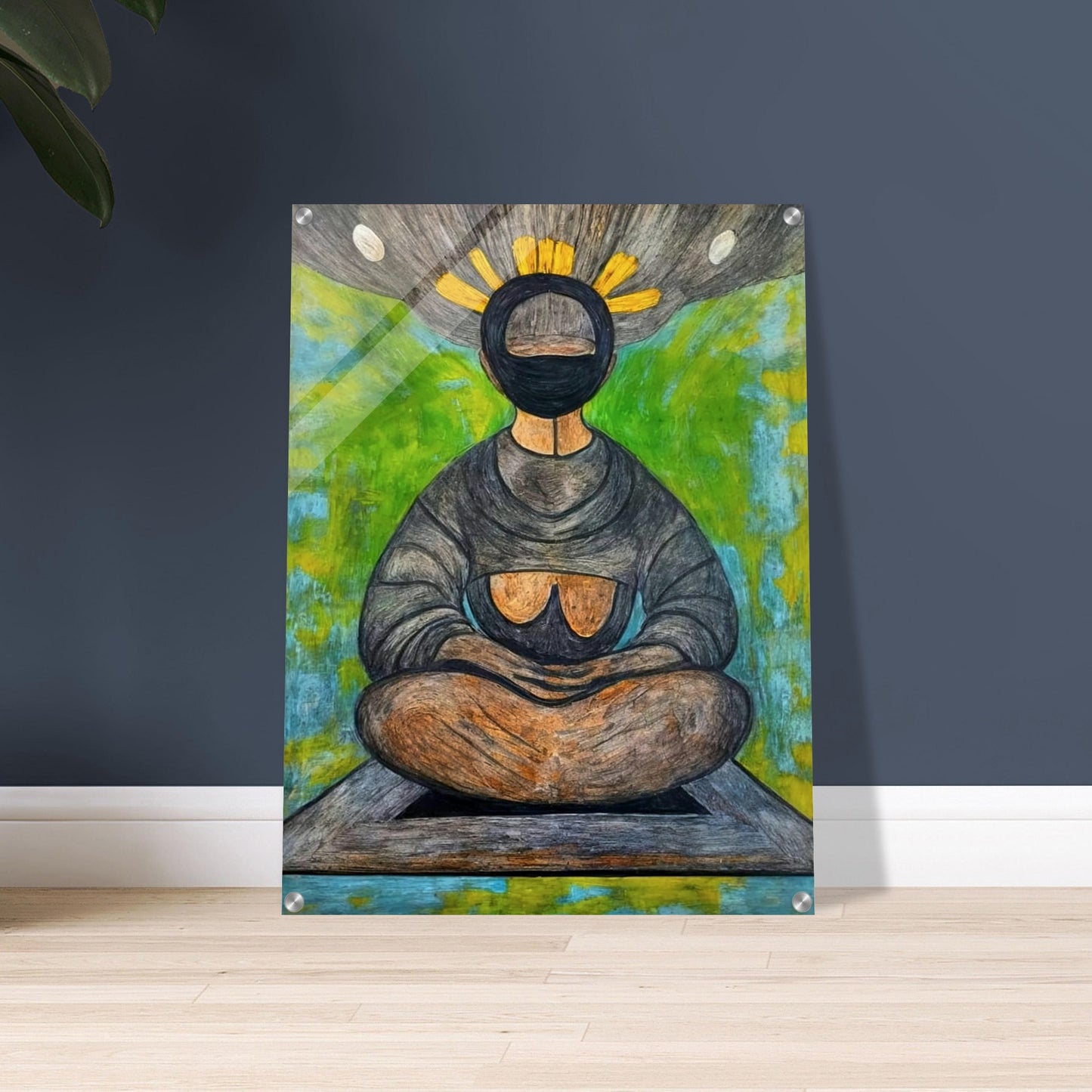 An abstract depiction of a meditative figure seated in a cross-legged position with a halo-like crown of yellow rays, set against a vibrant green and blue background, symbolizing tranquility and spiritual reflection.
