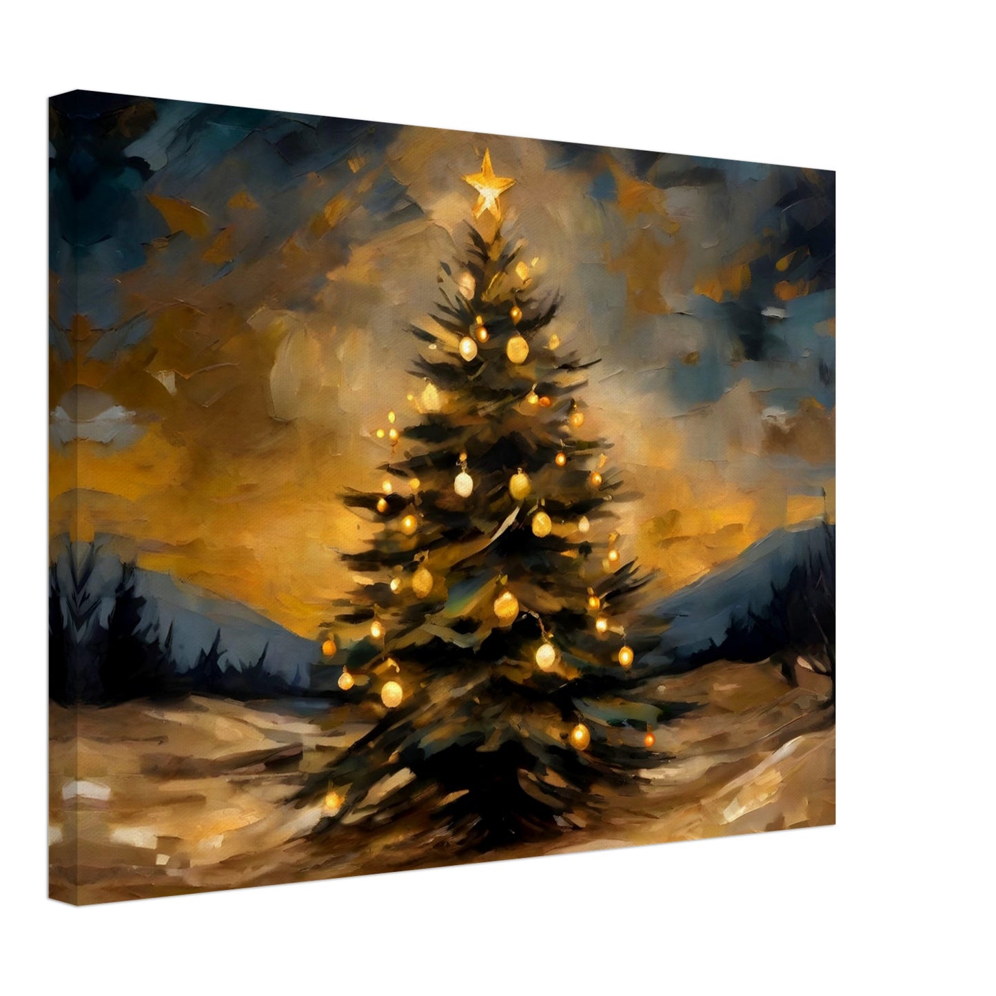 A glowing Christmas tree adorned with golden ornaments and a star topper, set against a dramatic evening sky and a snowy landscape.