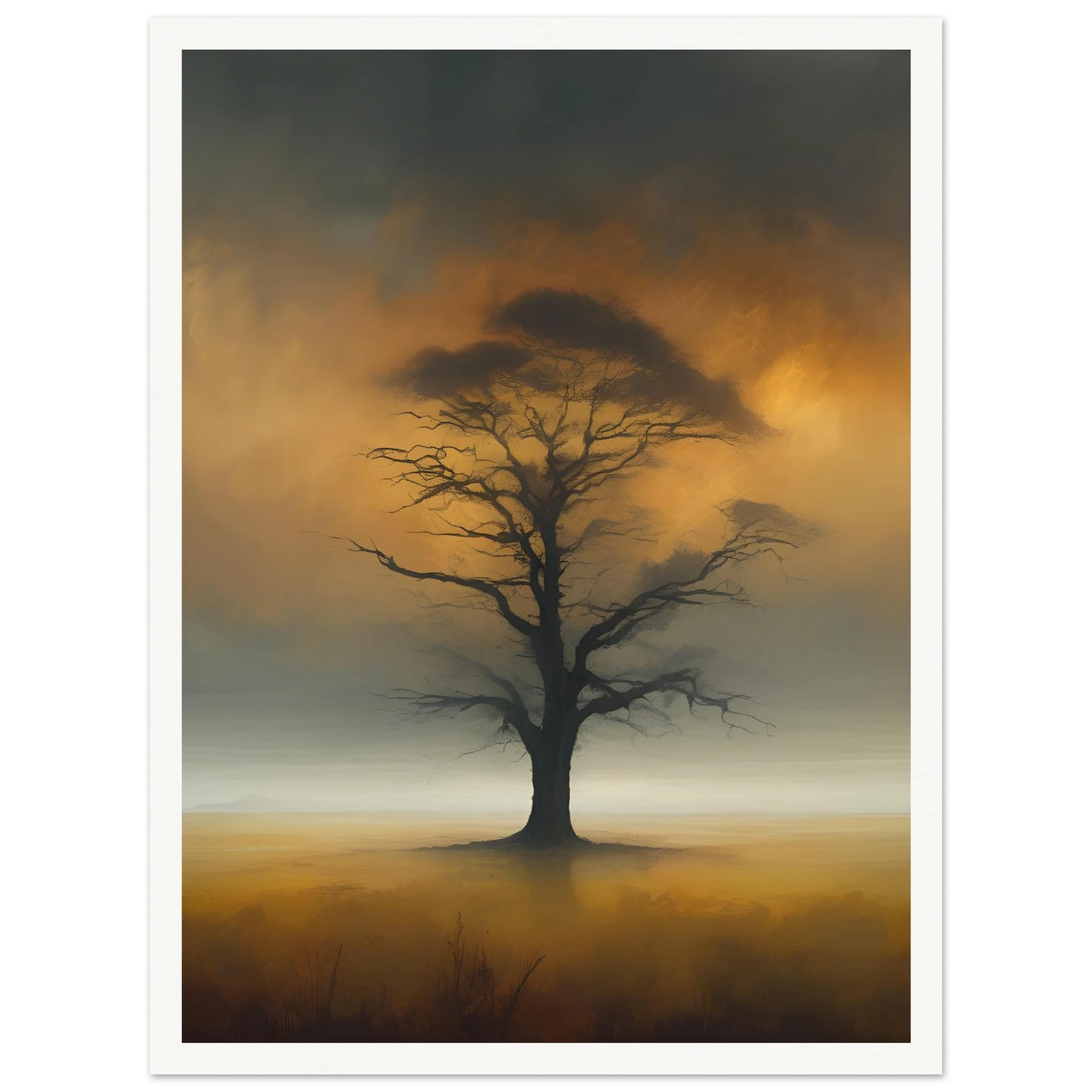 A solitary tree with bare branches stands in a foggy golden field, framed by a smoky, glowing twilight sky.