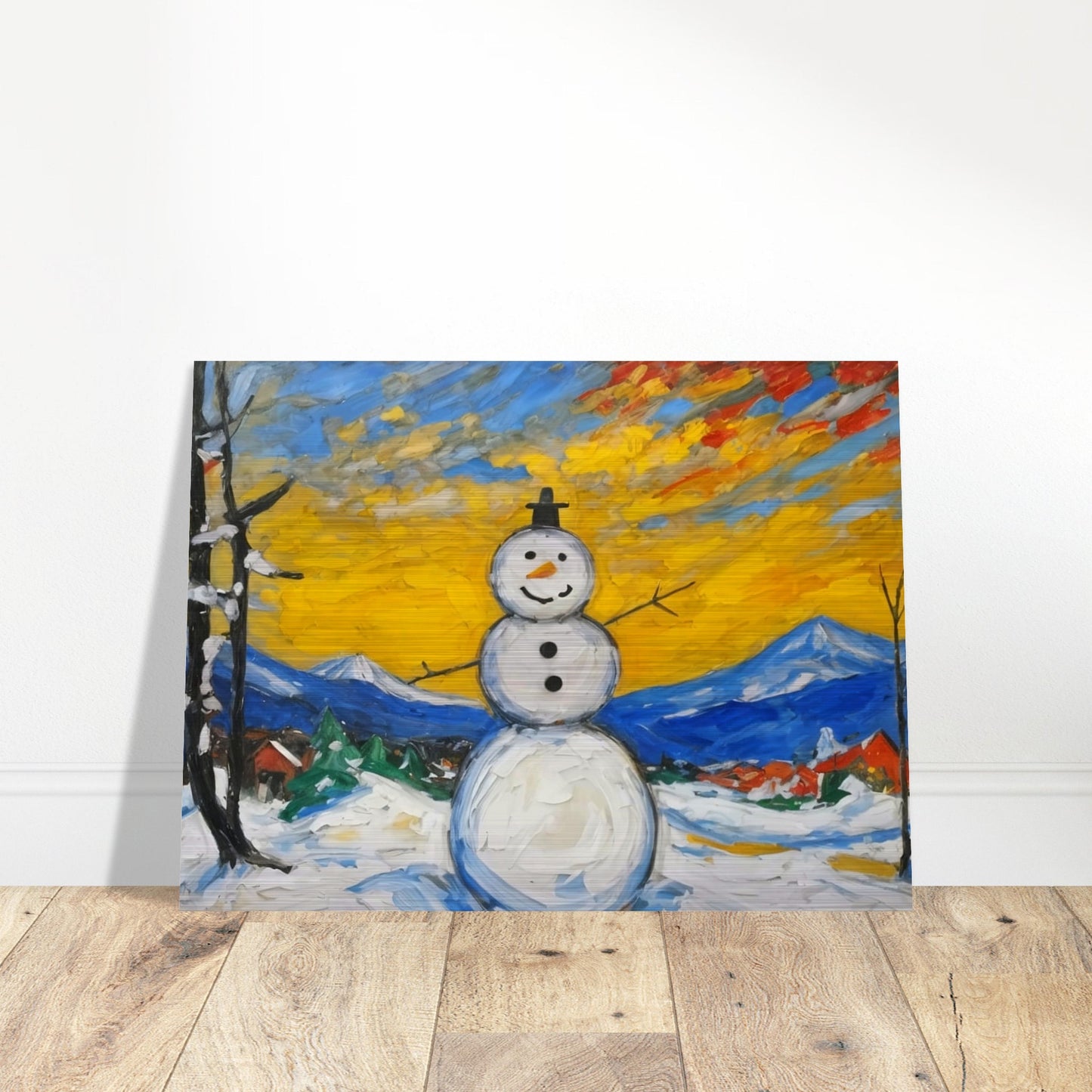 A cheerful snowman stands in a snowy village landscape with a vibrant yellow and orange sunrise, framed by mountains and trees, bringing joy to the winter scene.