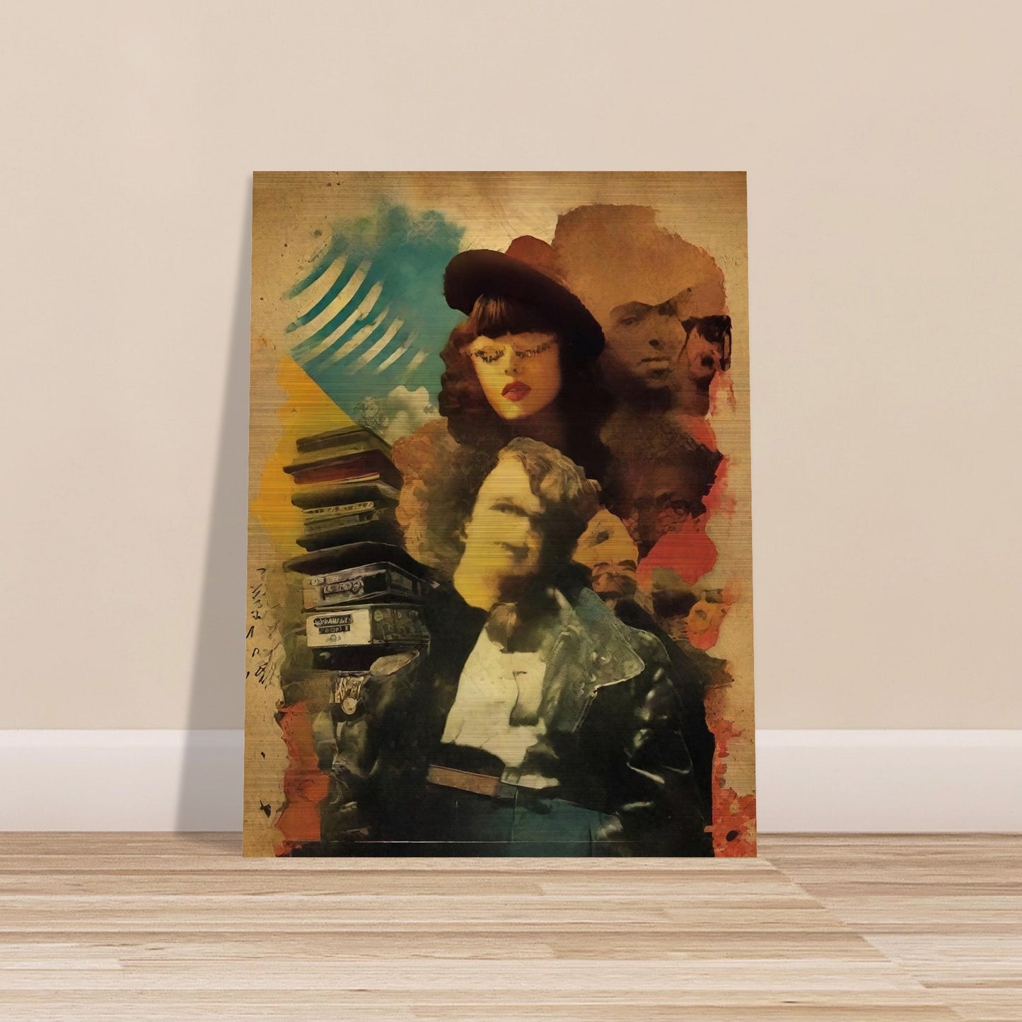 Surreal collage of vintage figures, with a woman in a hat and a man in a leather jacket, surrounded by old cassette tapes and faces