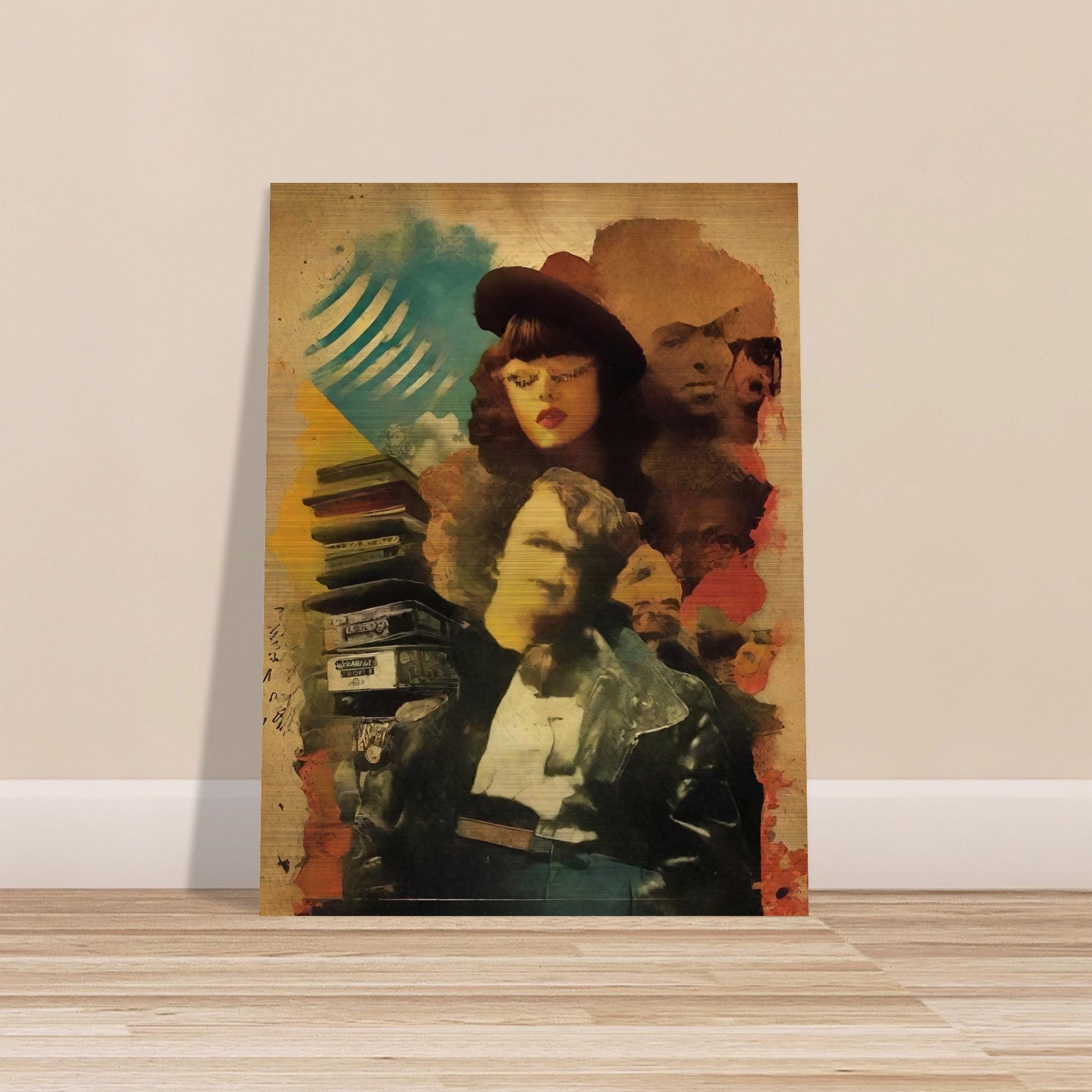 Surreal collage of vintage figures, with a woman in a hat and a man in a leather jacket, surrounded by old cassette tapes and faces