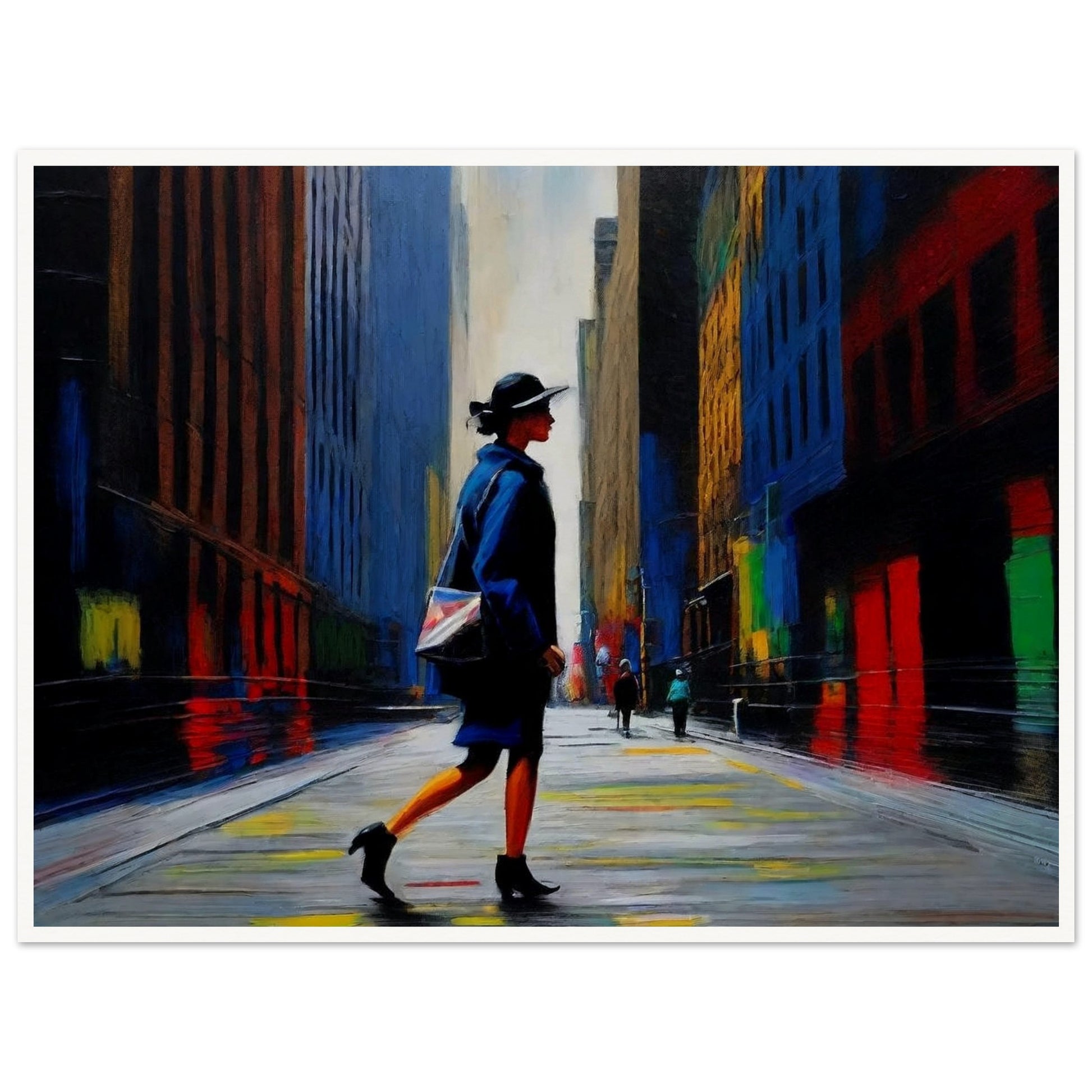 A vibrant painting of a woman walking through a colorful city street, with towering buildings and reflective surfaces.