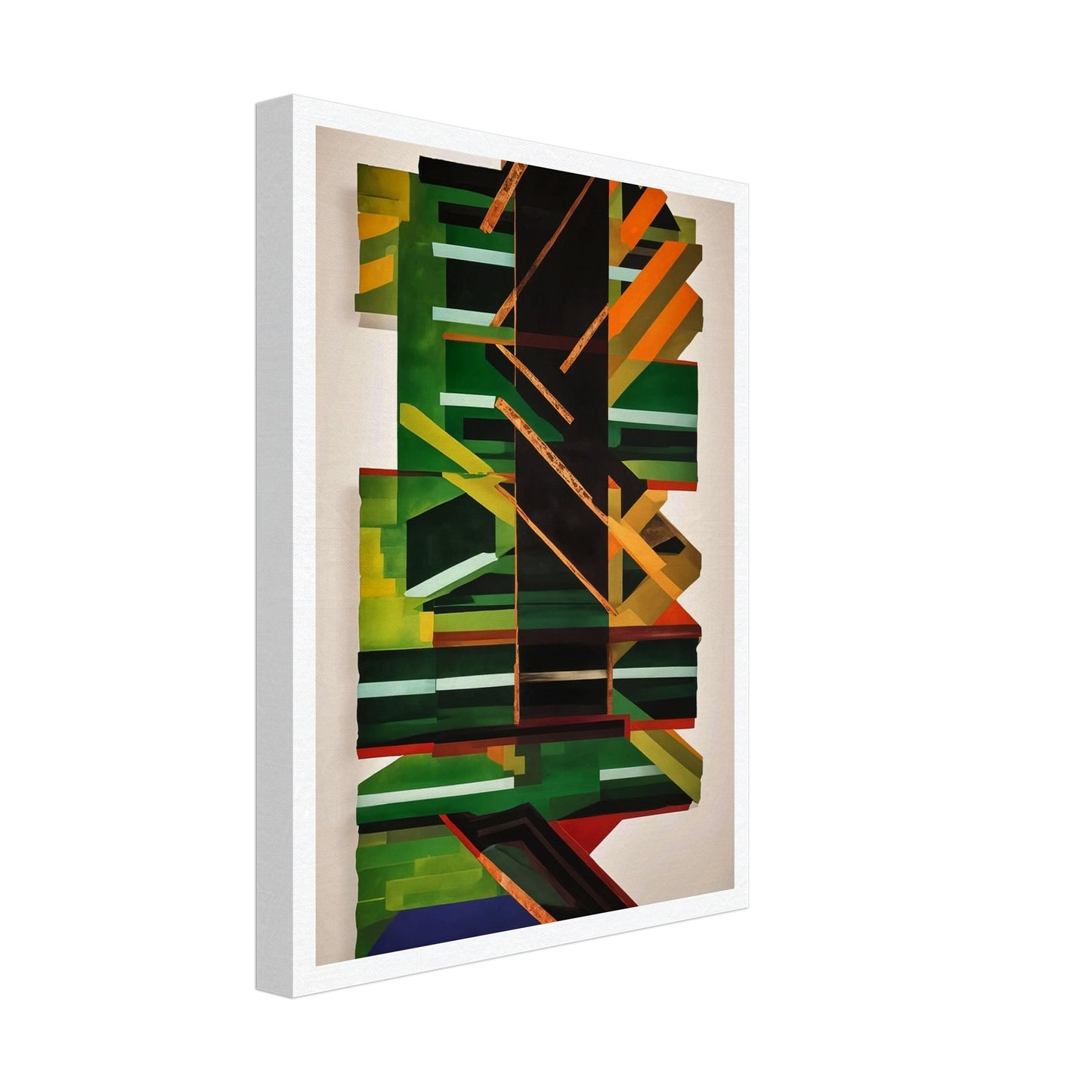 A dynamic and visually engaging abstract painting featuring a complex arrangement of geometric shapes and lines in green, black, orange, and yellow. Central focus on a large black vertical shape with intersecting diagonal and horizontal lines, creating depth and movement.