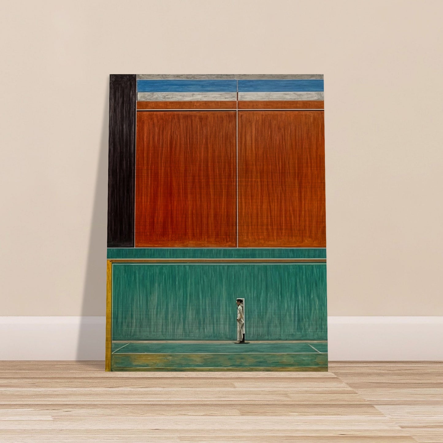 A minimalist painting depicting a solitary figure standing in front of large abstract color blocks.