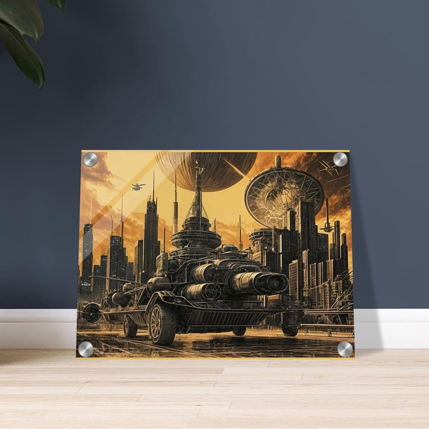 A massive futuristic machine rolls through a towering, industrial city under a golden sky, surrounded by advanced technology and spacecraft.