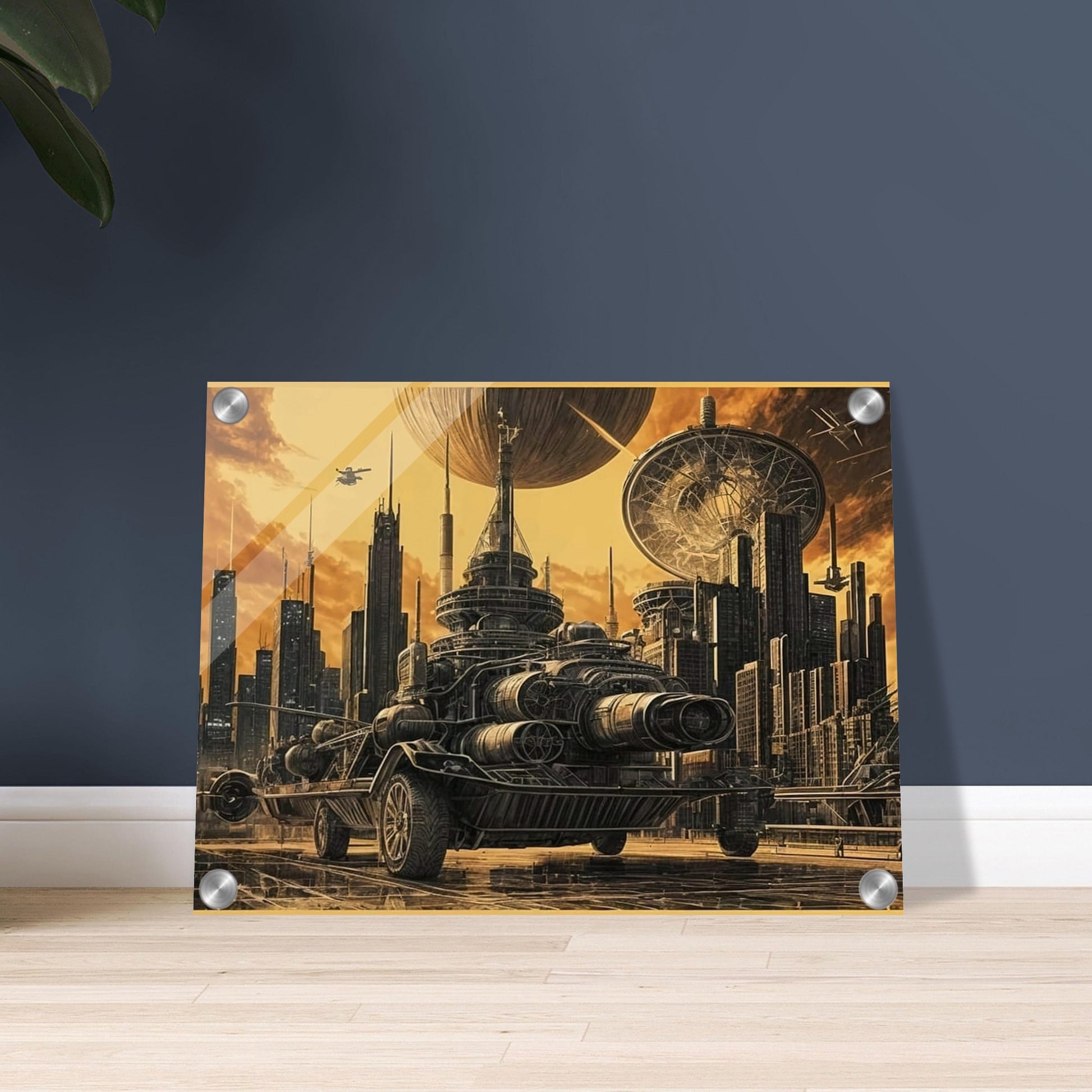 A massive futuristic machine rolls through a towering, industrial city under a golden sky, surrounded by advanced technology and spacecraft.