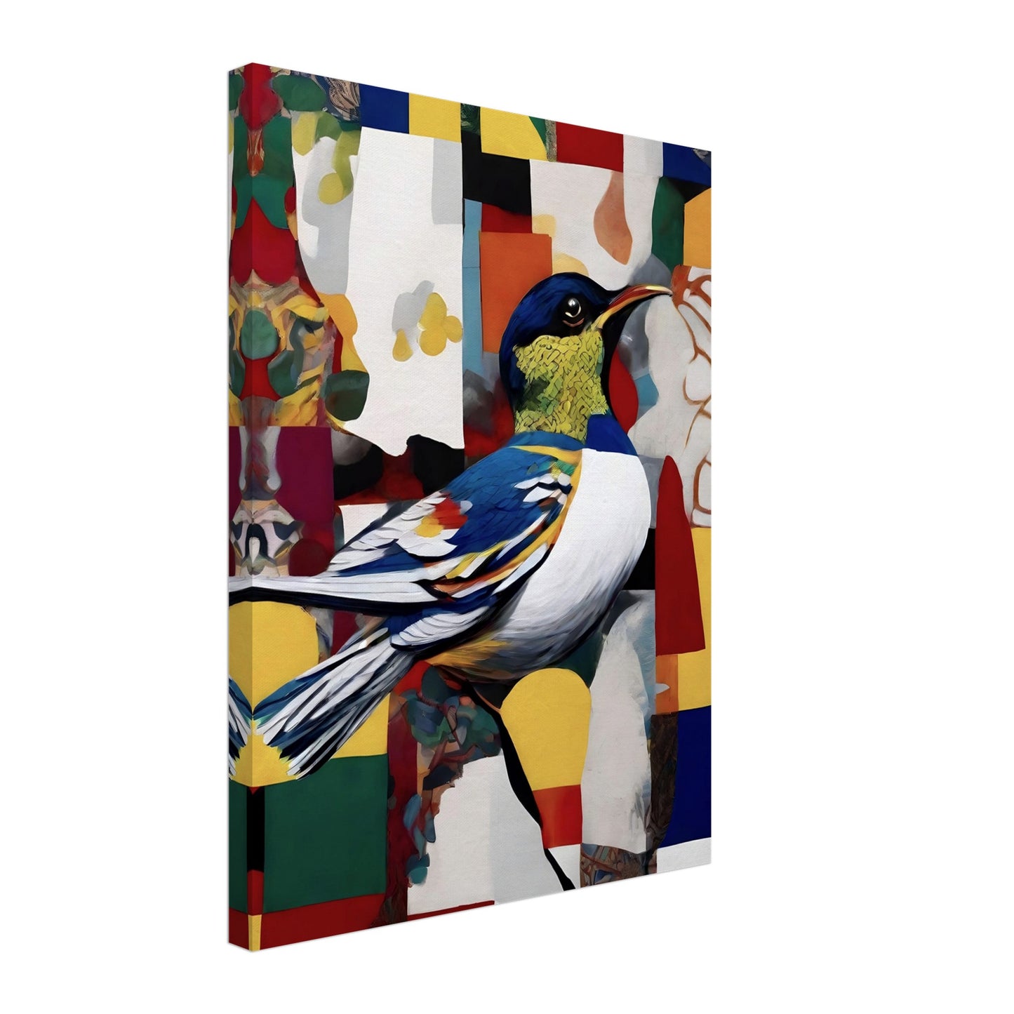 A colorful painting of a bird with intricate blue, yellow, and white feathers perched on a branch, set against a patchwork background of bold geometric shapes and vibrant hues.