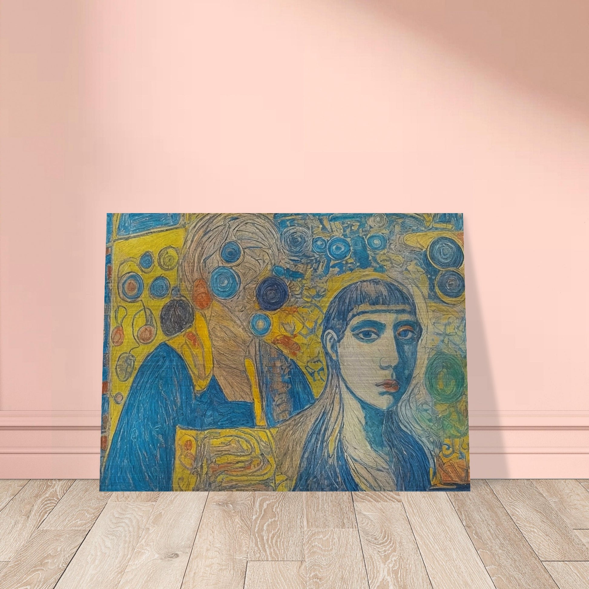 An intricate painting that merges vibrant abstract patterns with expressive human figures, portraying a deep connection between identities and surroundings.