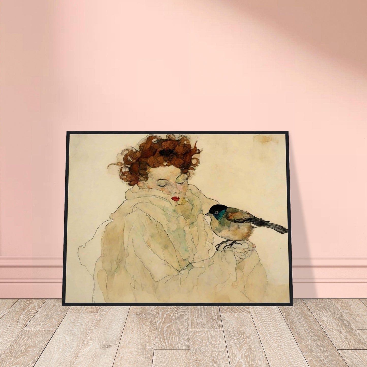 "A soft, expressive portrait of a woman with curly hair and a bird perched on her hand, both surrounded by gentle, muted tones."