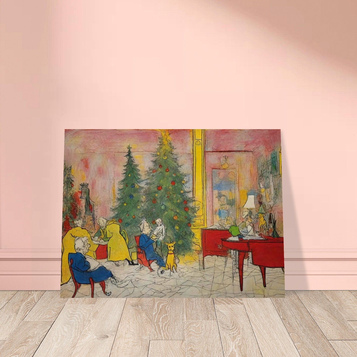 A cozy holiday scene featuring family members and pets gathered around a decorated Christmas tree in a colorful living room, capturing the warmth and joy of the season.