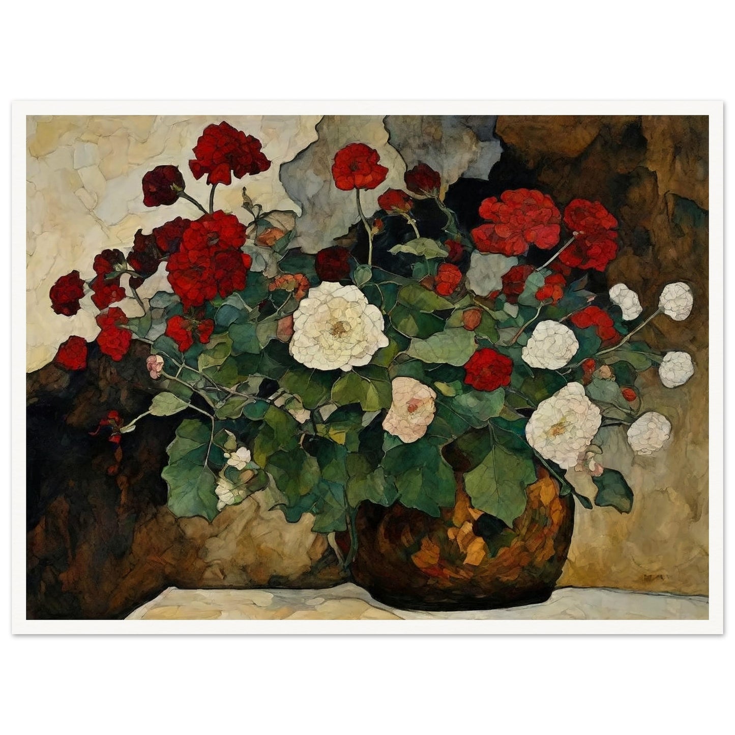 A detailed painting of a vase filled with red and white flowers, set against a textured background.