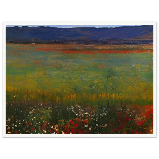 A tranquil painting depicting an expansive meadow filled with wildflowers, set against distant blue mountains.