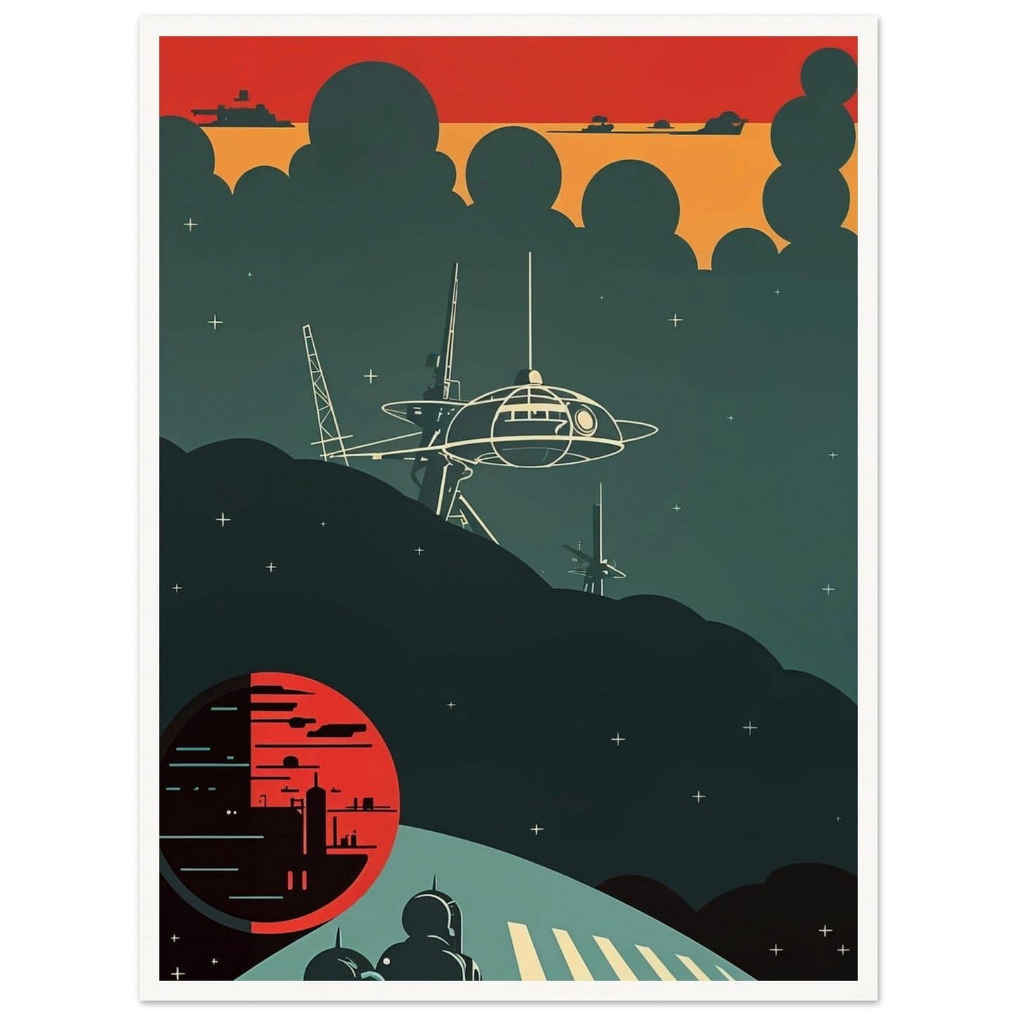 A futuristic scene featuring a space station silhouetted against a dark sky with a glowing red planet in the background, capturing a moment of eerie calm in space.