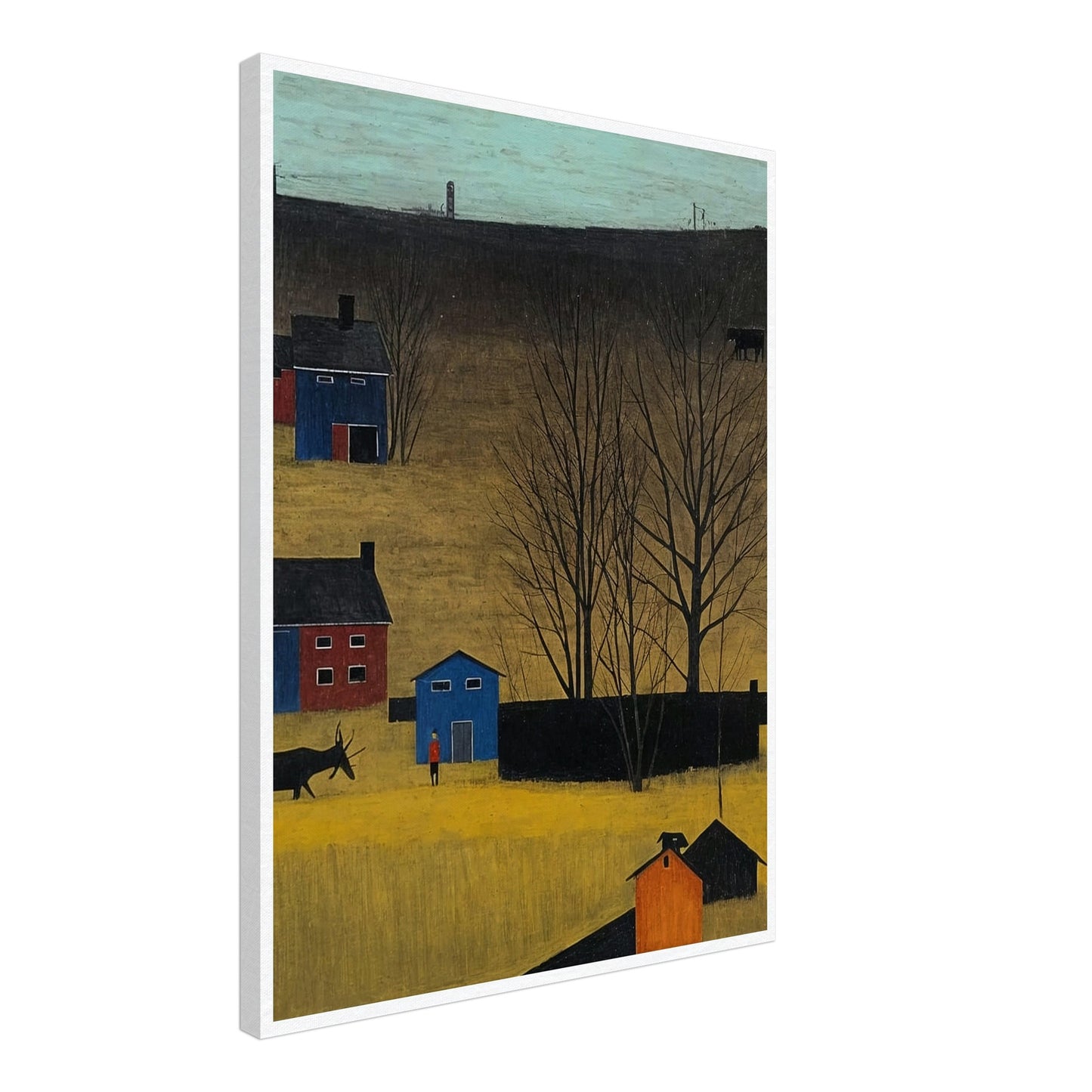 A peaceful rural landscape with houses, trees, and a donkey under a clear sky in autumn.