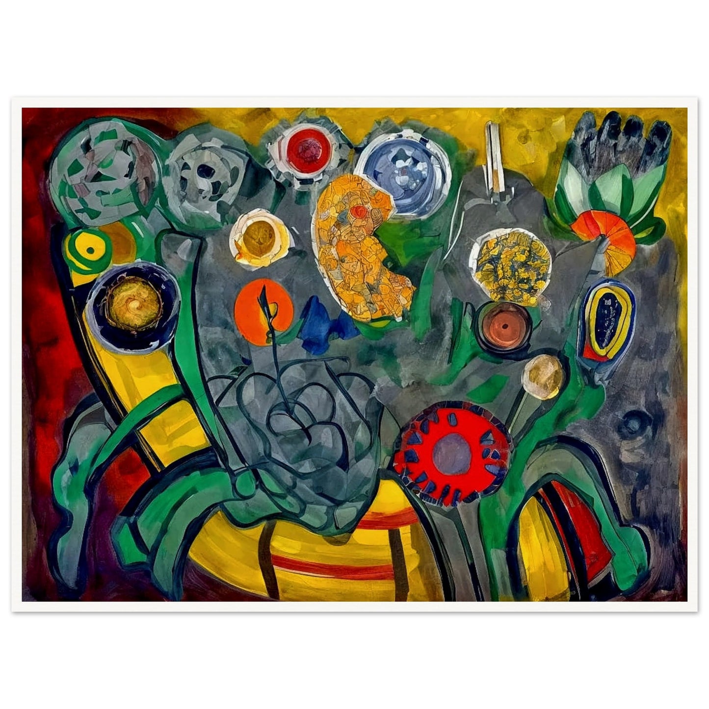 A bold, abstract depiction of colorful flowers with swirling shapes and rich colors like red, yellow, and green, creating an energetic garden-like scene.