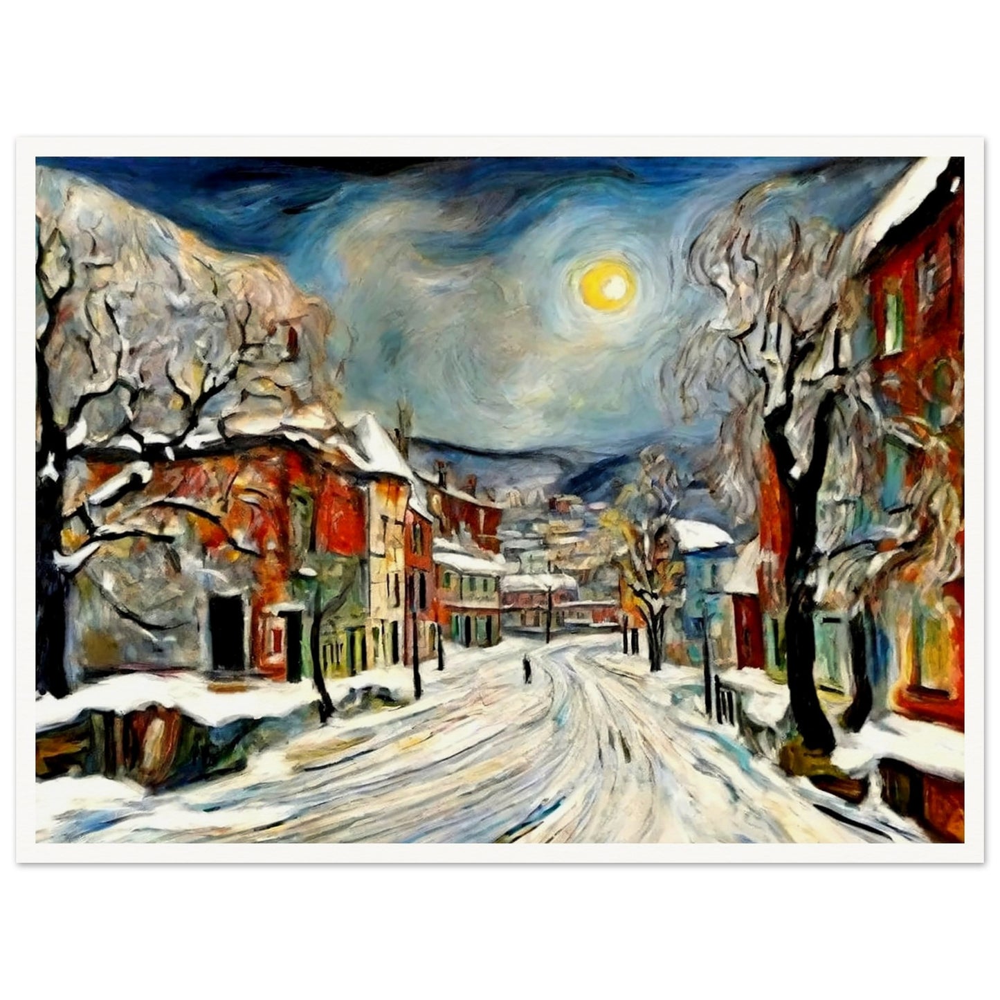"A serene winter night scene with snow-covered streets and buildings under a glowing moon, framed by frosted trees in a quiet village."