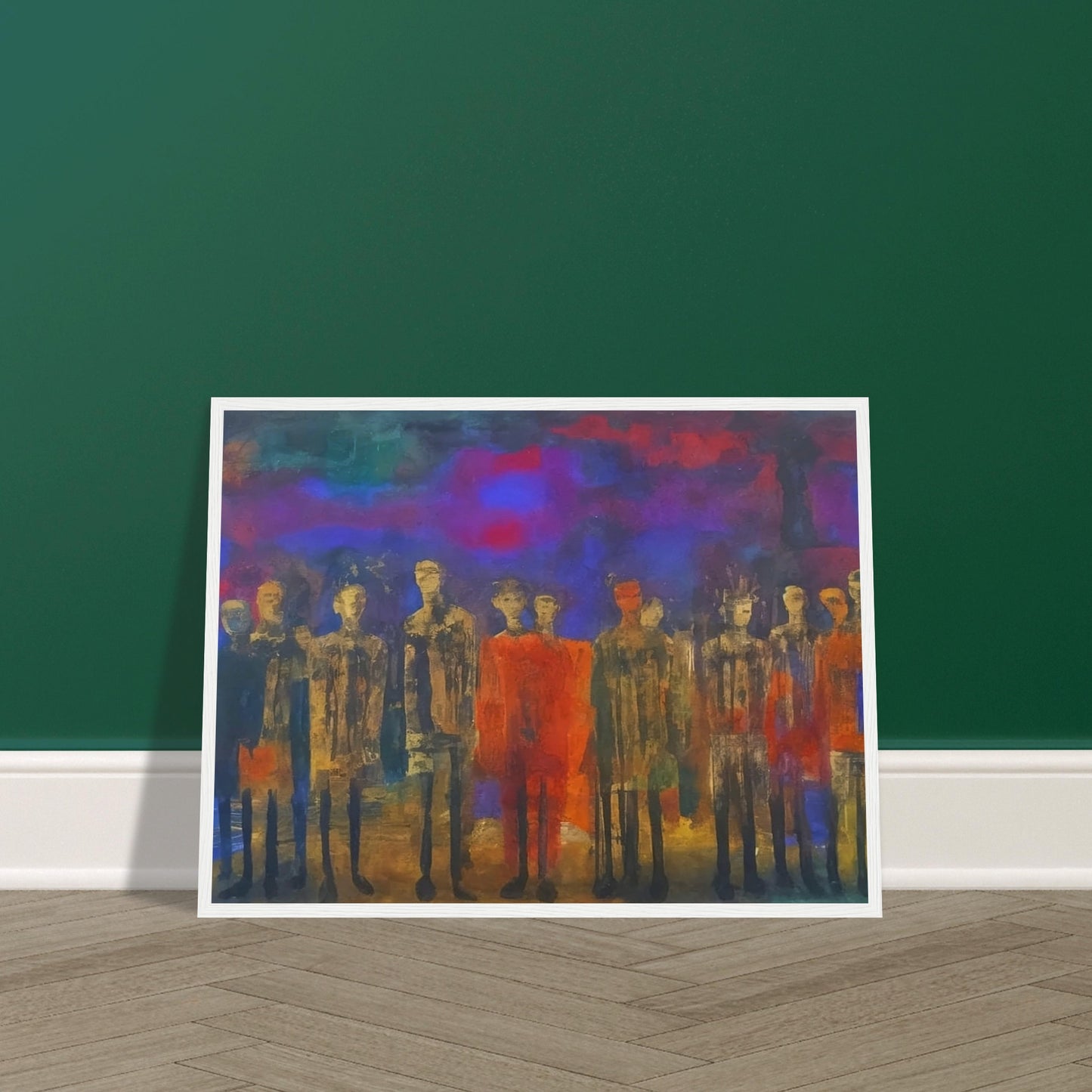 A mysterious gathering of figures in muted tones, set against a vibrant, multicolored backdrop that evokes a sense of silent contemplation.
