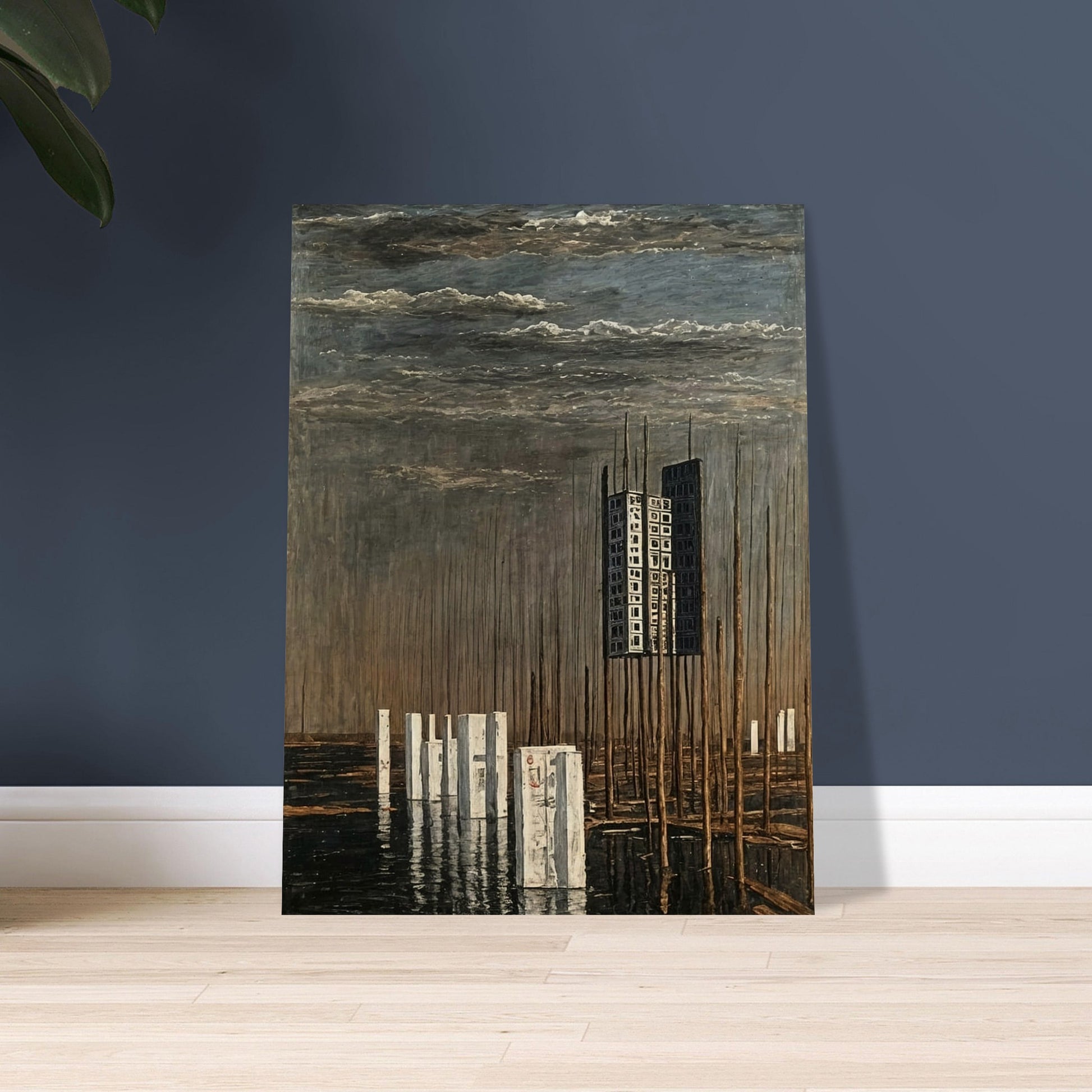 A surreal landscape painting featuring a tall, isolated building suspended among thin wooden poles, with reflective water and a cloudy sky.