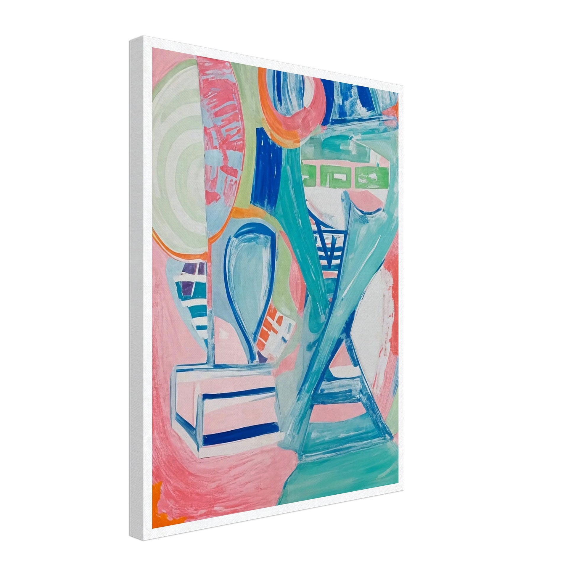 A dynamic interplay of pastel colors and geometric shapes creating a lively abstract composition full of energy and movement.