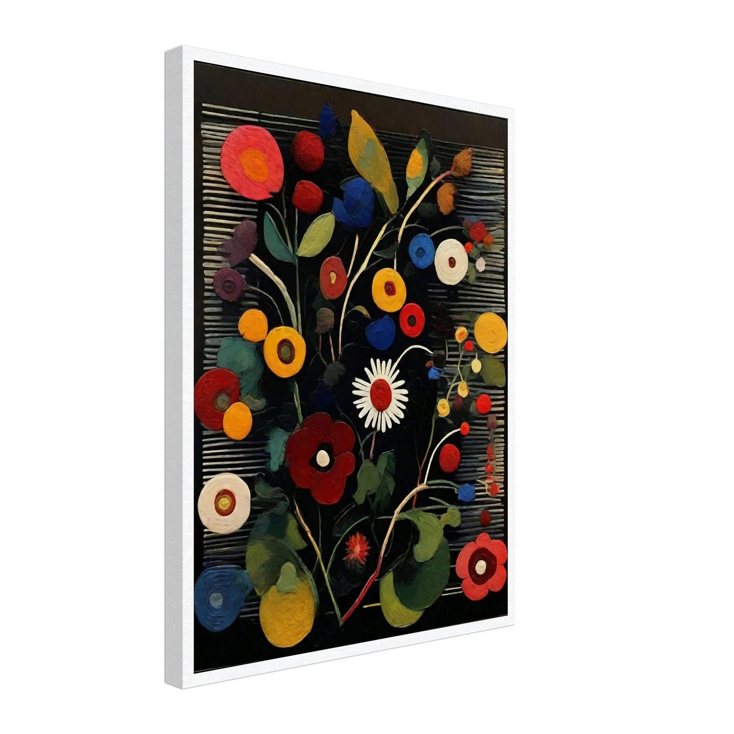 A lively painting featuring an array of colorful circular flowers in red, yellow, blue, and white, set against a dark striped background.