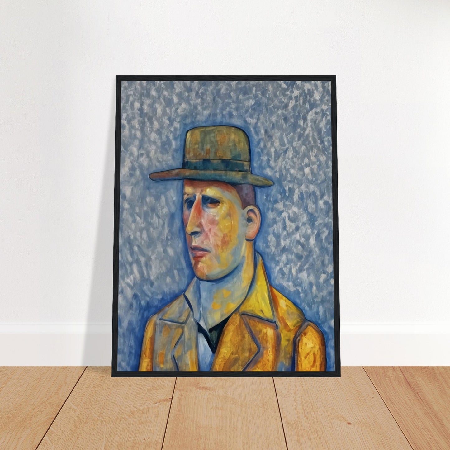 A stylized portrait of a man in a yellow coat and green hat, set against a textured blue background, with a solemn expression on his face.