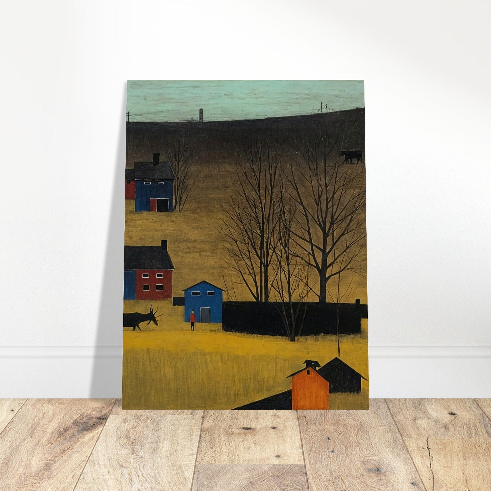 A peaceful rural landscape with houses, trees, and a donkey under a clear sky in autumn.