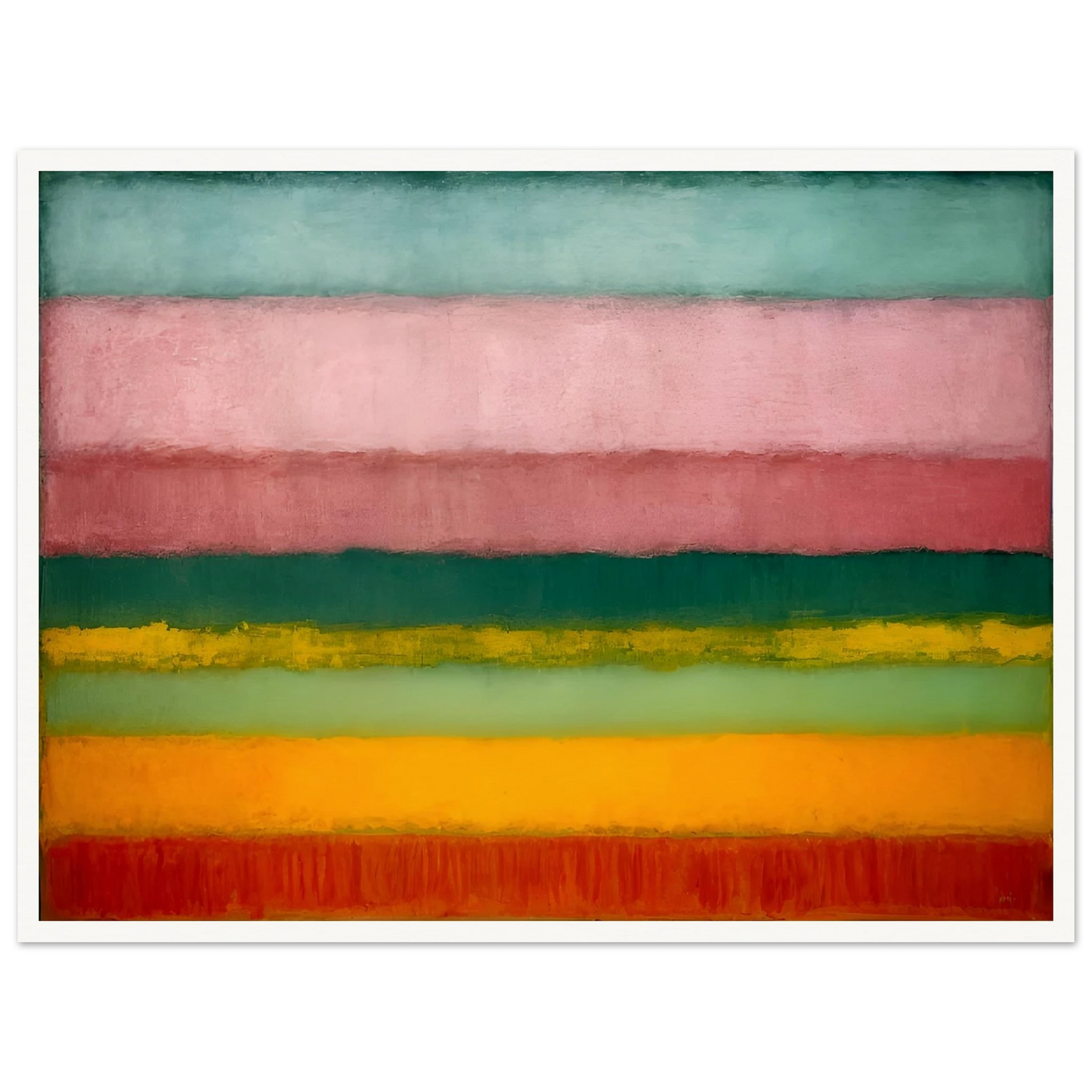 A minimalist painting of horizontal color bands fading softly from one to another in pink, green, yellow, and red tones.