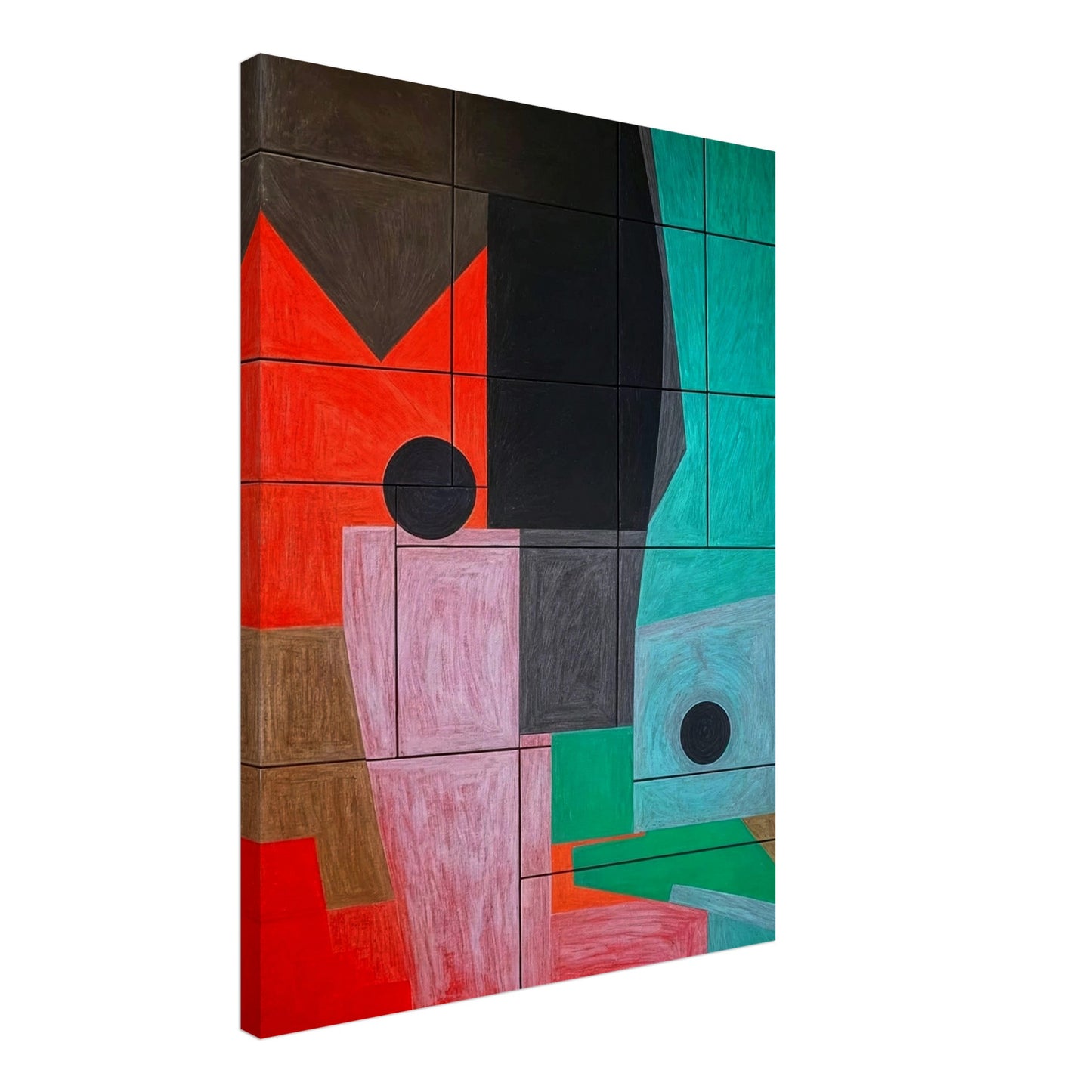 A striking geometric artwork featuring overlapping shapes in shades of red, black, pink, and teal, creating a structured abstract composition.