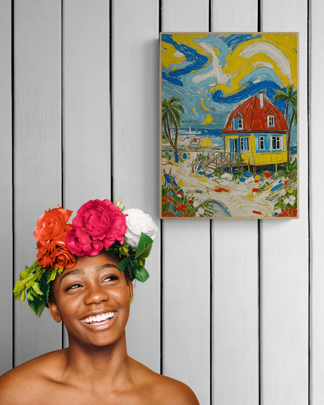 Smiling woman with a vibrant floral crown standing in front of a wooden panel wall with colorful beach wall art featuring a seaside house and palm trees.