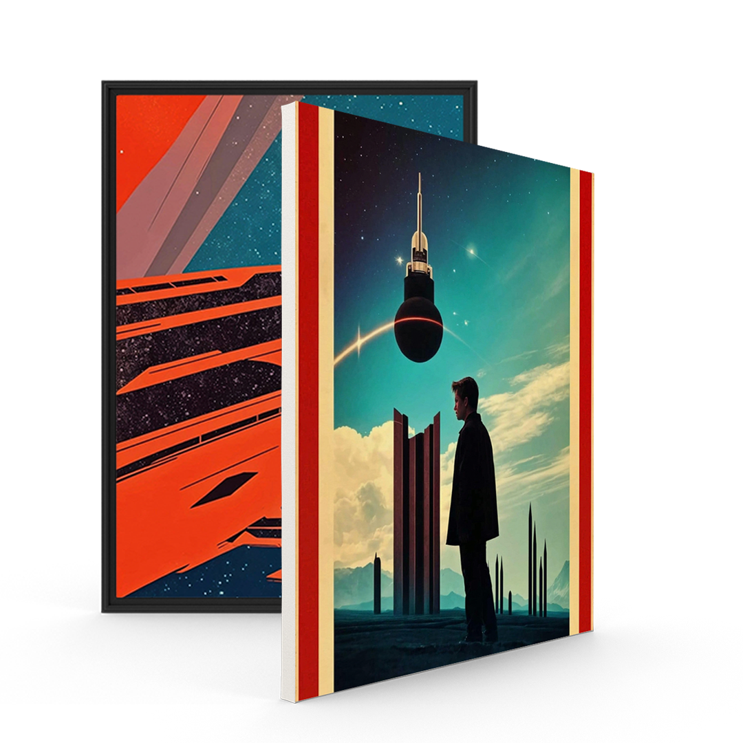 Two sci-fi art prints featuring futuristic and space-themed designs, displayed with a focus on vibrant colors and imaginative concepts.