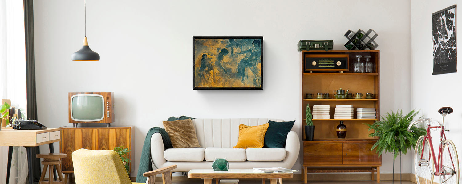 Modern living room with mid-century furniture, retro television, and abstract artwork displayed on the wall above a beige sofa.