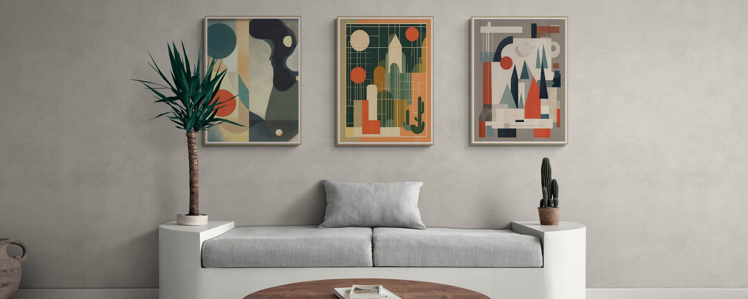 A modern living room with a neutral-toned sofa and three framed midcentury abstract art prints, adding a stylish and artistic touch to the space.