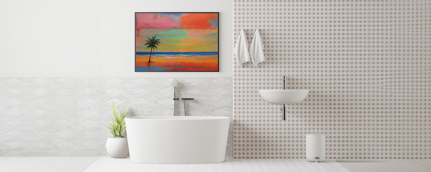 Modern bathroom with a freestanding bathtub, minimalist sink, and a vibrant sunset beach painting with a palm tree displayed above the bath area.
