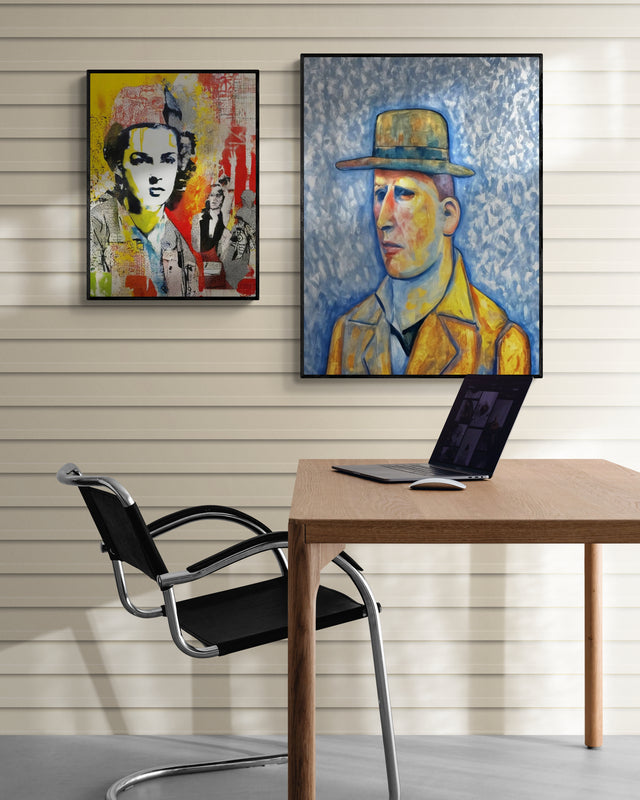 Minimalist home office with two abstract portrait art pieces on the wall, a wooden desk, and a modern chair, creating a creative workspace.
