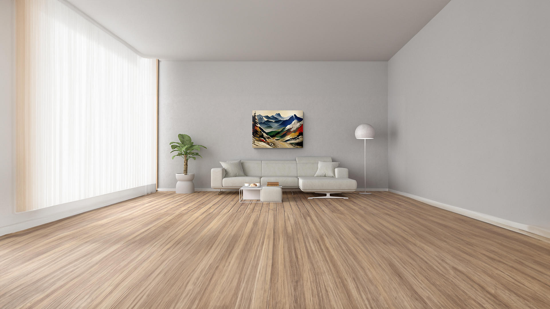 Modern living room with a mountain landscape painting, white sofa, indoor plant, and wooden flooring, creating a cozy and artistic atmosphere.